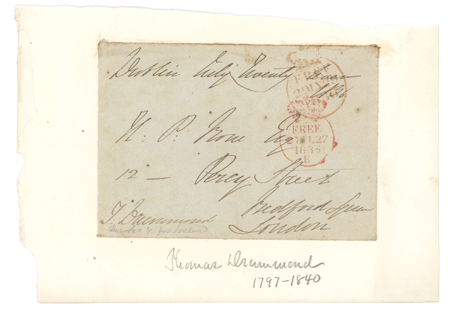 Thomas Drummond – British Engineer & Inventor – Autographed Envelope Panel: Details: Thomas Drummond autographed envelope panel, affixed to a slightly larger backing sheet. The panel is addressed in Drummond’s hand and retains period postal markings, offering a clean