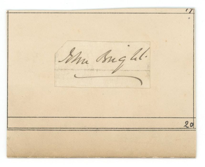 John Bright – British Statesman & Reformer – Autographed Signature Card with Engraved Po: Details: John Bright autographed clipped signature affixed to a 3.25 x 2.75 inch card, accompanied by a period engraved portrait. The signature, “John Bright,” is neatly clipped and profes