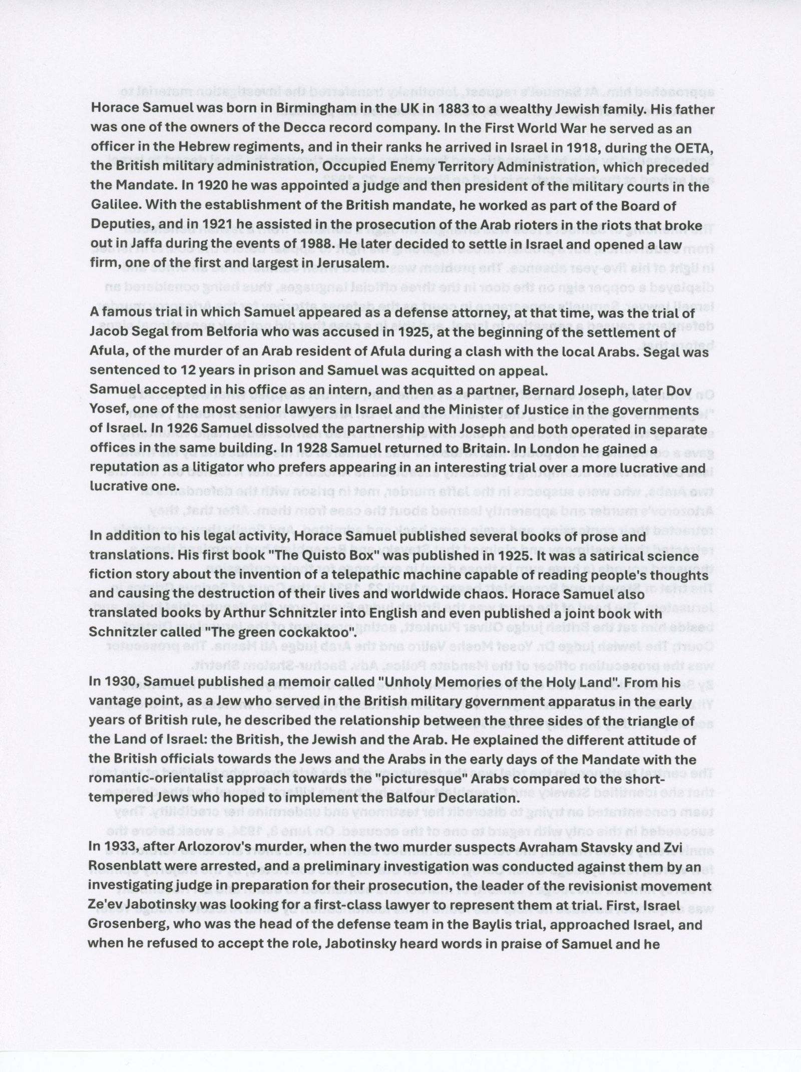 Horace B. Samuel - Lawyer Who Defended Avraham Stavsky During Arlozorov Murder Trial - Letter (TLS) - 2