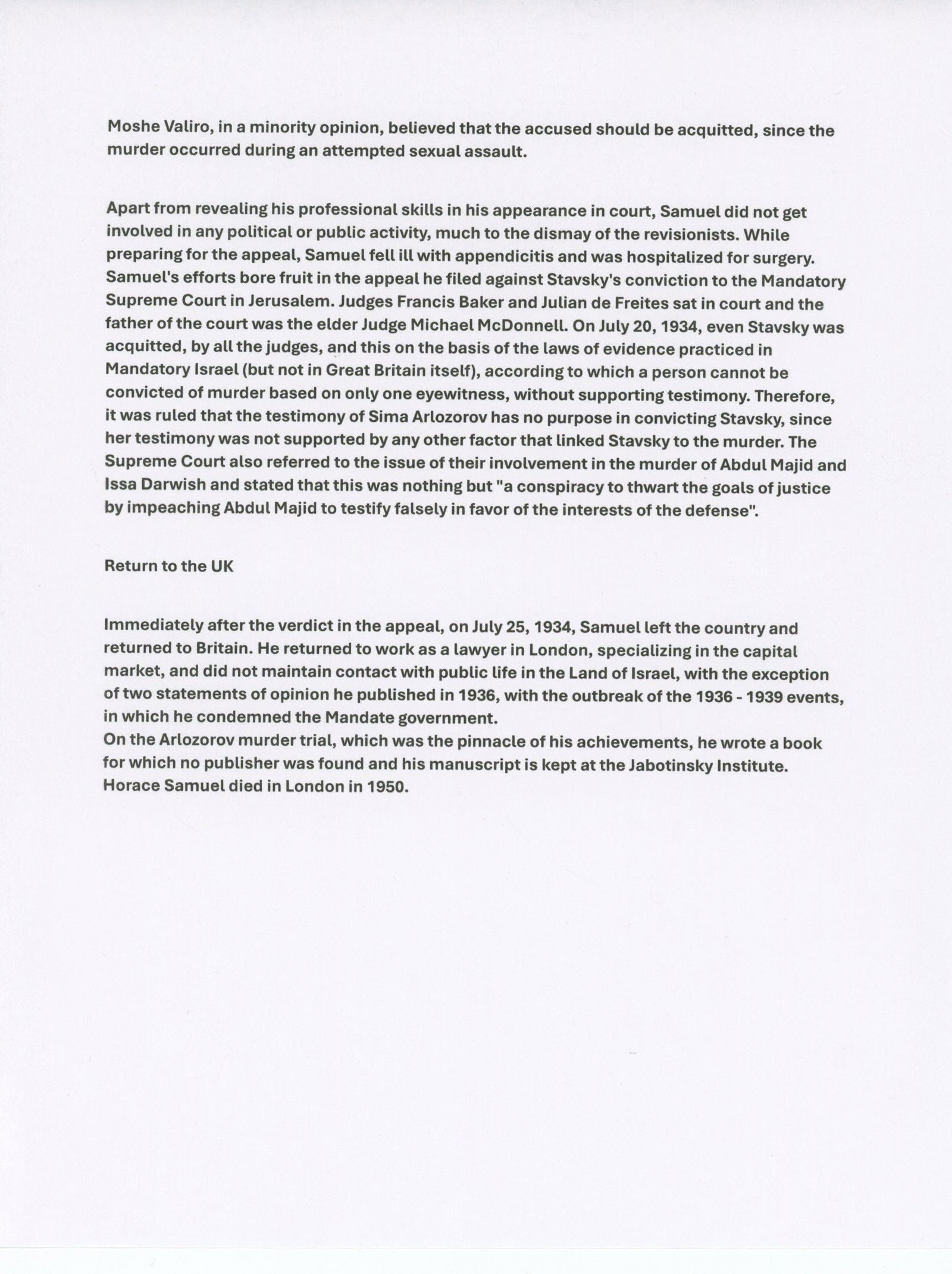 Horace B. Samuel - Lawyer Who Defended Avraham Stavsky During Arlozorov Murder Trial - Letter (TLS) - 4