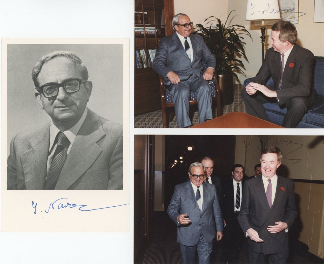 Yitzhak Navon - 5th President of Israel - Collection of 3 Autographed Photographs: Details: Yitzhak Navon autographed photograph collection. Set of three autographed photographs, each measuring approximately 4 x 6 inches. Includes a typed signed letter from Navon’s