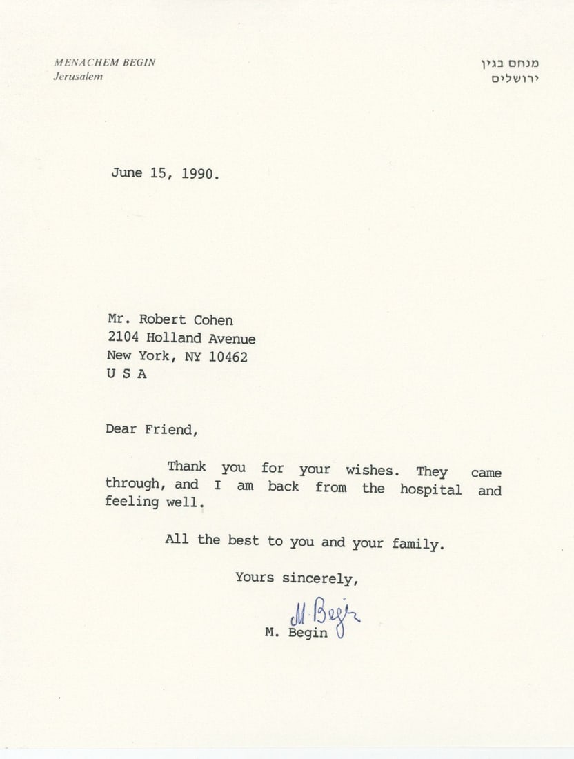 Menachem Begin - Prime Minister of Israel - Autographed 1990 Typed Letter (TLS): Details: Menachem Begin autographed 1990 typed letter (TLS). Signed in English. Accompanied by original mailing envelope.Fine condition.Menachem Begin (16 August 1913 – 9 March