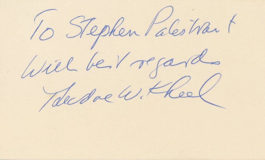 Theodore Kheel - Iconic New York City Attorney & Labor Mediator - Autographed Card: Details: Theodore Kheel autographed and inscribed 5 x 3" card. Fine condition.Theodore Woodrow Kheel (May 9, 1914 – November 12, 2010) was an American attorney and labor mediator who played a