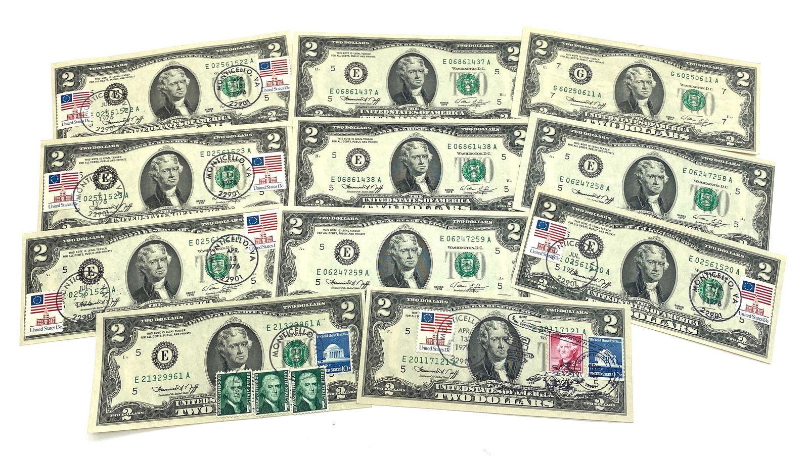 U.S. $2 Federal Reserve Notes – Commemorative Cancel & Stamp Examples – Lot of 11 (1 of 2)