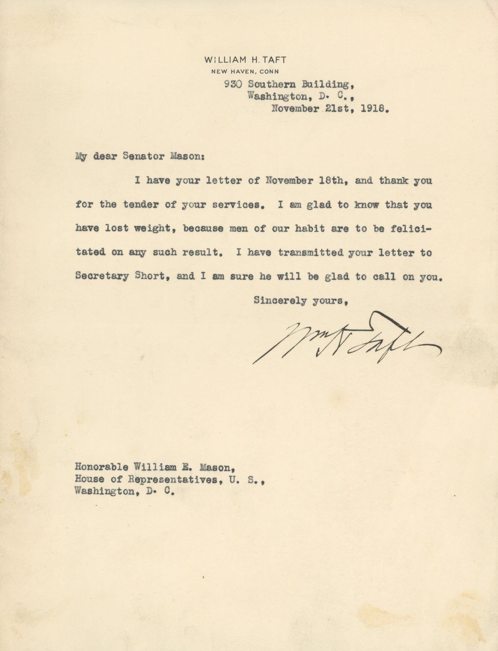 William Howard Taft – 27th President of the United States – Autographed Typed Letter (TL (1 of 1)