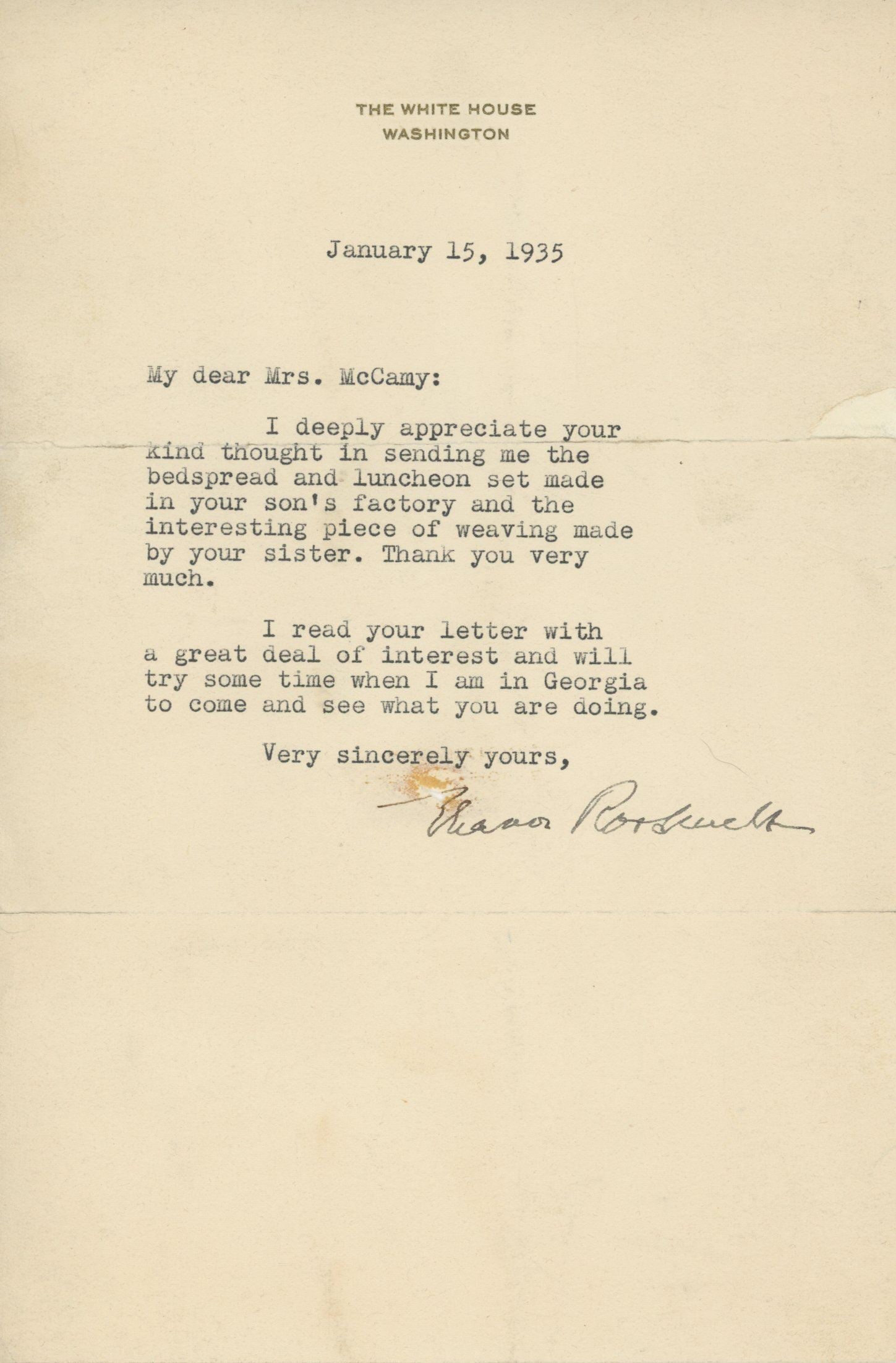 Eleanor Roosevelt – First Lady of the United States – Autographed Typed Letter Signed (T: Details: Eleanor Roosevelt autographed typed letter signed on “The White House, Washington” letterhead, dated January 15, 1935. In the warmly worded correspondence to Mrs. McCamy,