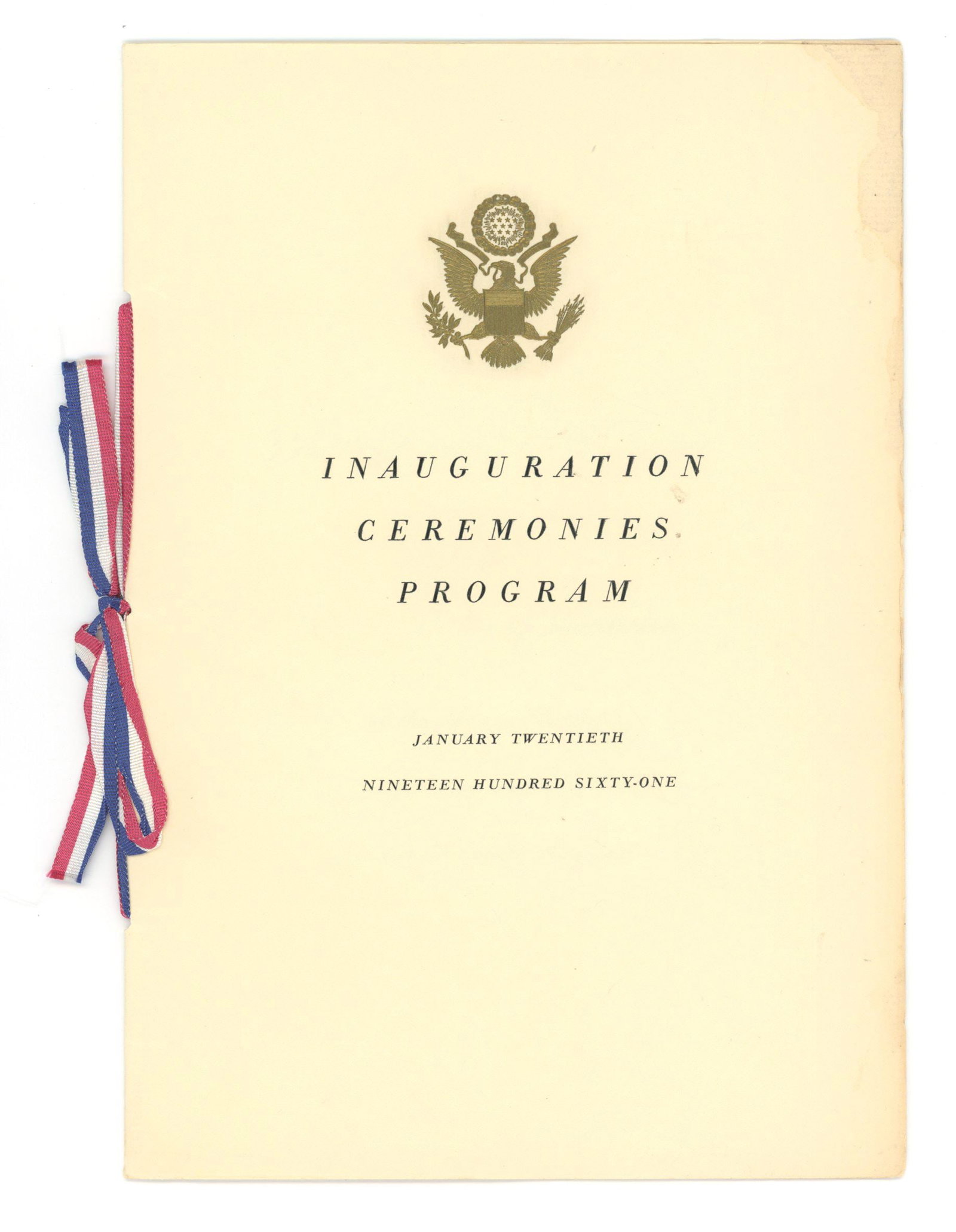 John F. Kennedy – 1961 Presidential Inauguration Ceremonies Program – Official Program: Details: John F. Kennedy inaugural ceremonies program, issued for the Inauguration of the President and Vice President of the United States, held at the National Capitol on January 20, 1961. This