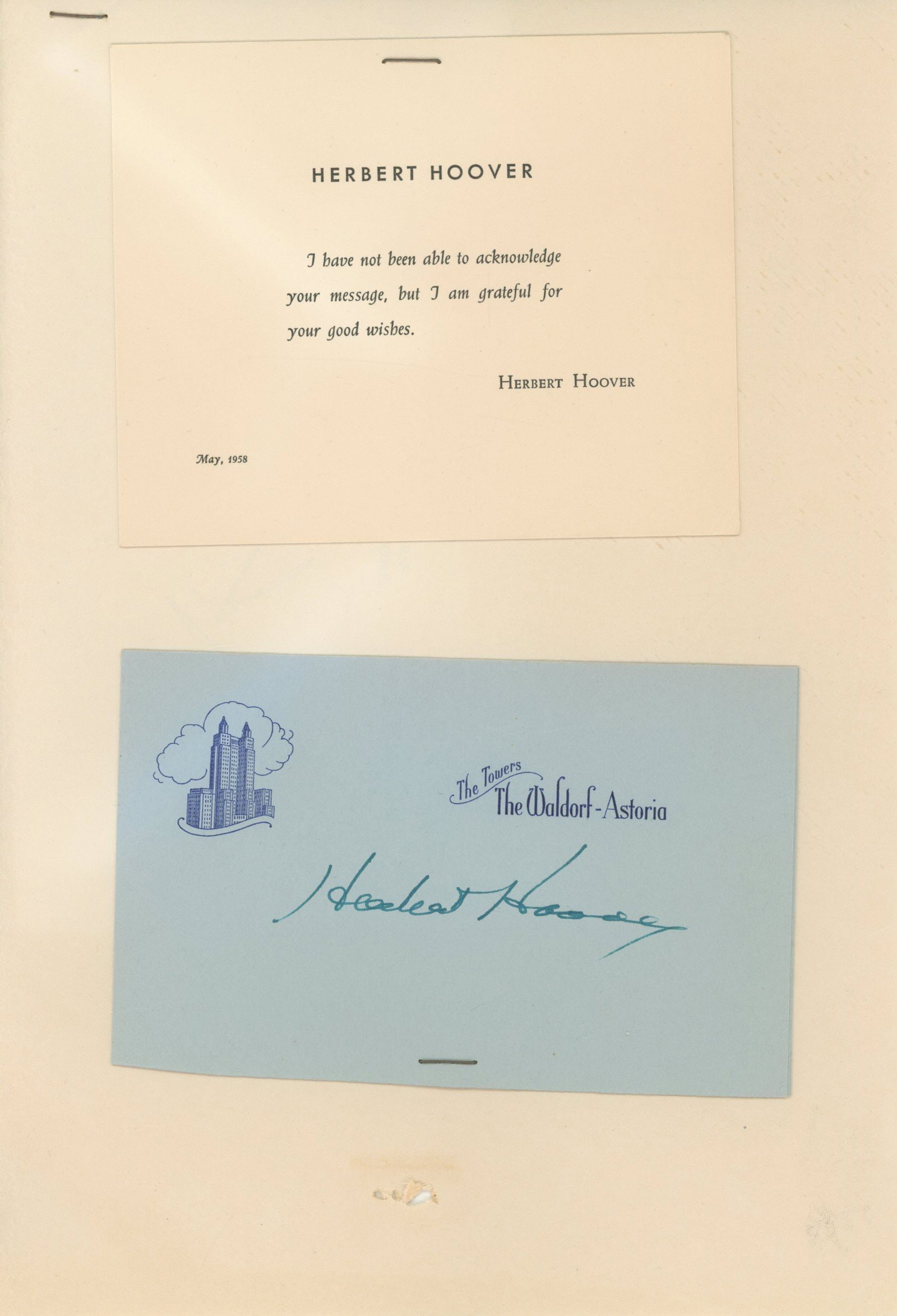 Herbert Hoover – U.S. President – Autographed 5.5 x 3.5 Card – Waldorf-Astoria Let: Details: Herbert Hoover autographed 5.5 x 3.5” card signed in blue ink on stationery from The Towers, The Waldorf-Astoria. The signed card is mounted by staple to a larger display sheet and