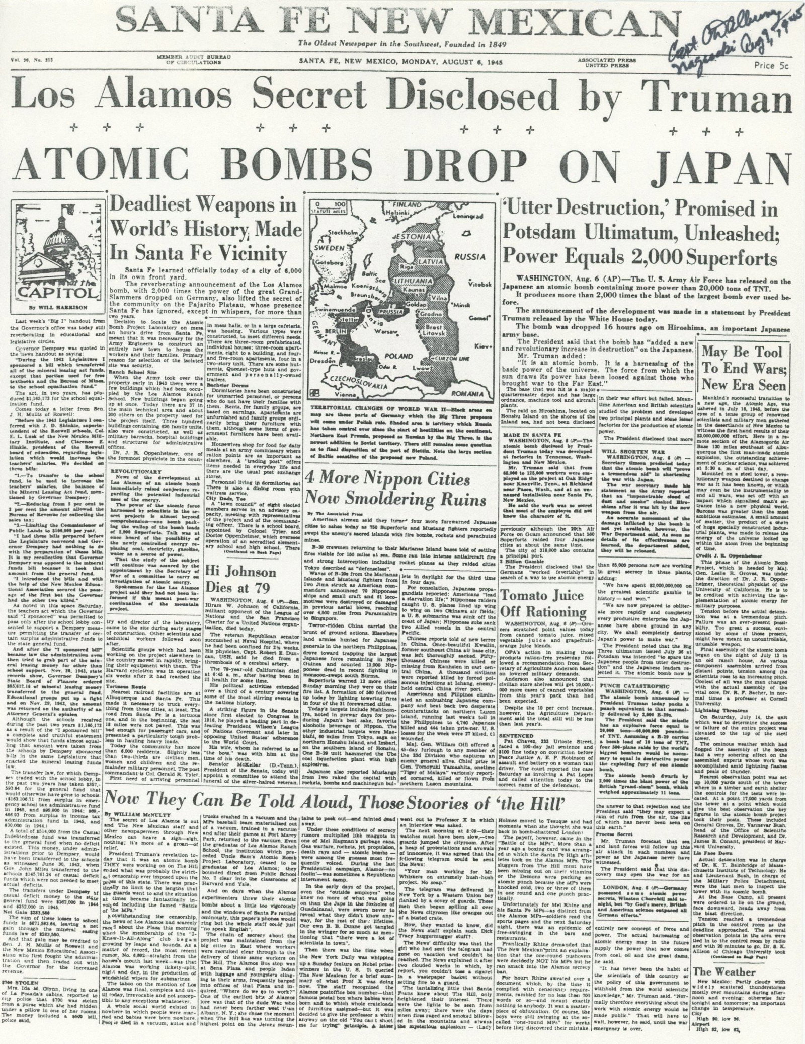Charles Albury – Bockscar Co-Pilot – Autographed 8 x 10" Xerox Newspaper Cover: Details: Charles Albury autographed 8 x 10" black and white Xerox copy of the historic Santa Fe New Mexican front page from August 6, 1945, announcing “Atomic Bombs Drop on Japan.” Albury