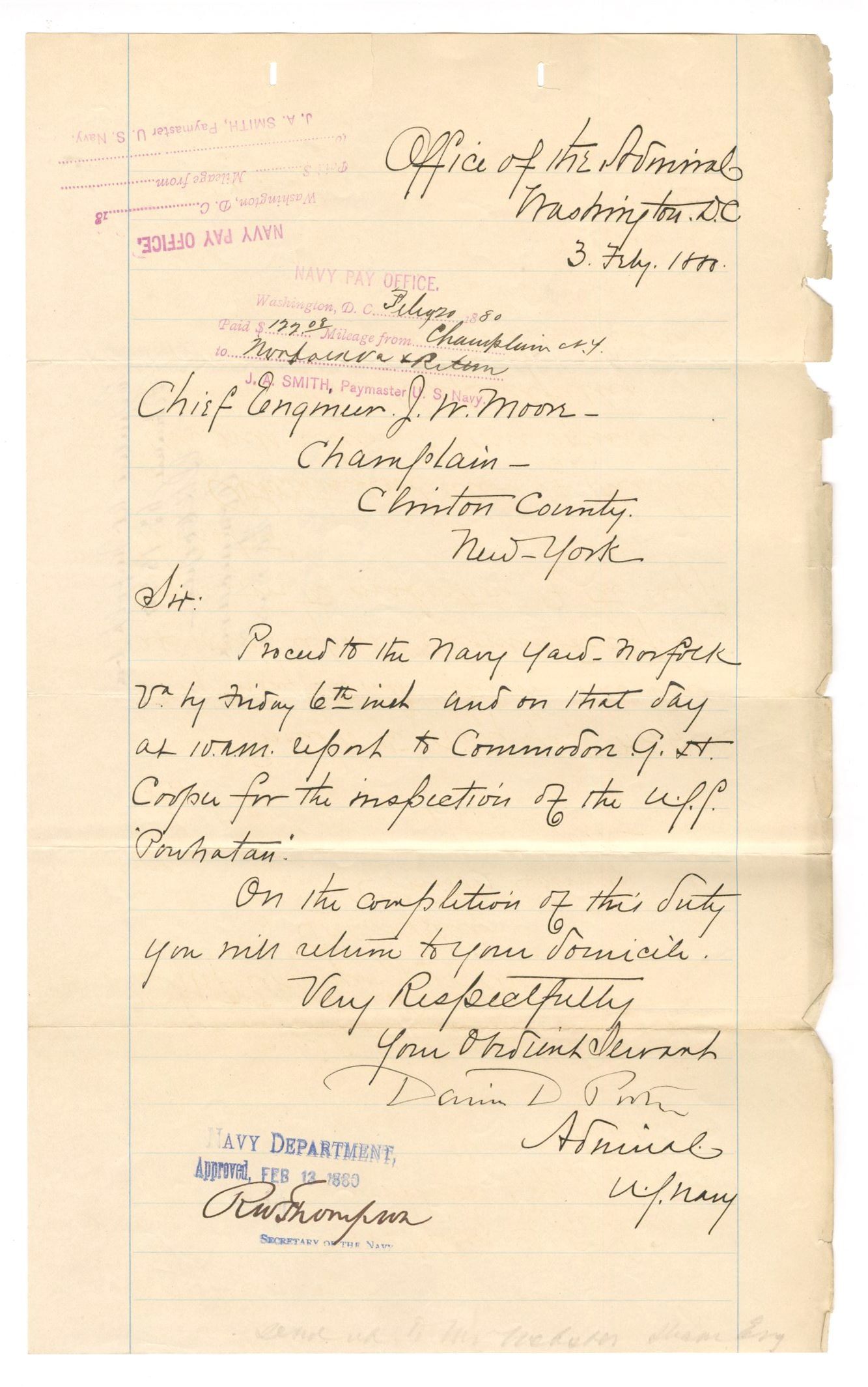 David D. Porter – Union Navy Admiral – Autographed Naval Orders Document – USS Pow: Details: David Dixon Porter autographed manuscript naval order issued from the Office of the Admiral, Washington, D.C., dated February 3, 1880, directing an inspection assignment relating to the USS