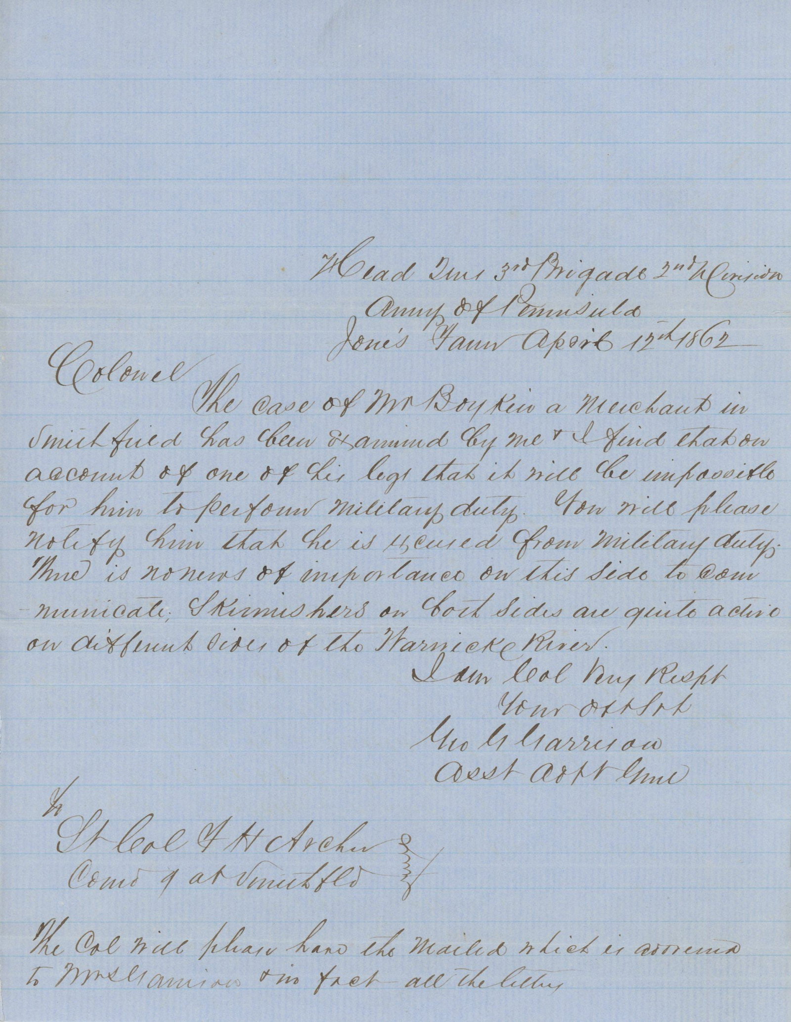 George G. Garrison – Army of the Peninsula – Civil War-Date Letter – 1862: Details: George G. Garrison handwritten war-date letter signed as Colonel and addressed from “Head Qrs 3rd Brigade 2nd Division, Army of Peninsula,” dated April 12, 1862, from “Jones