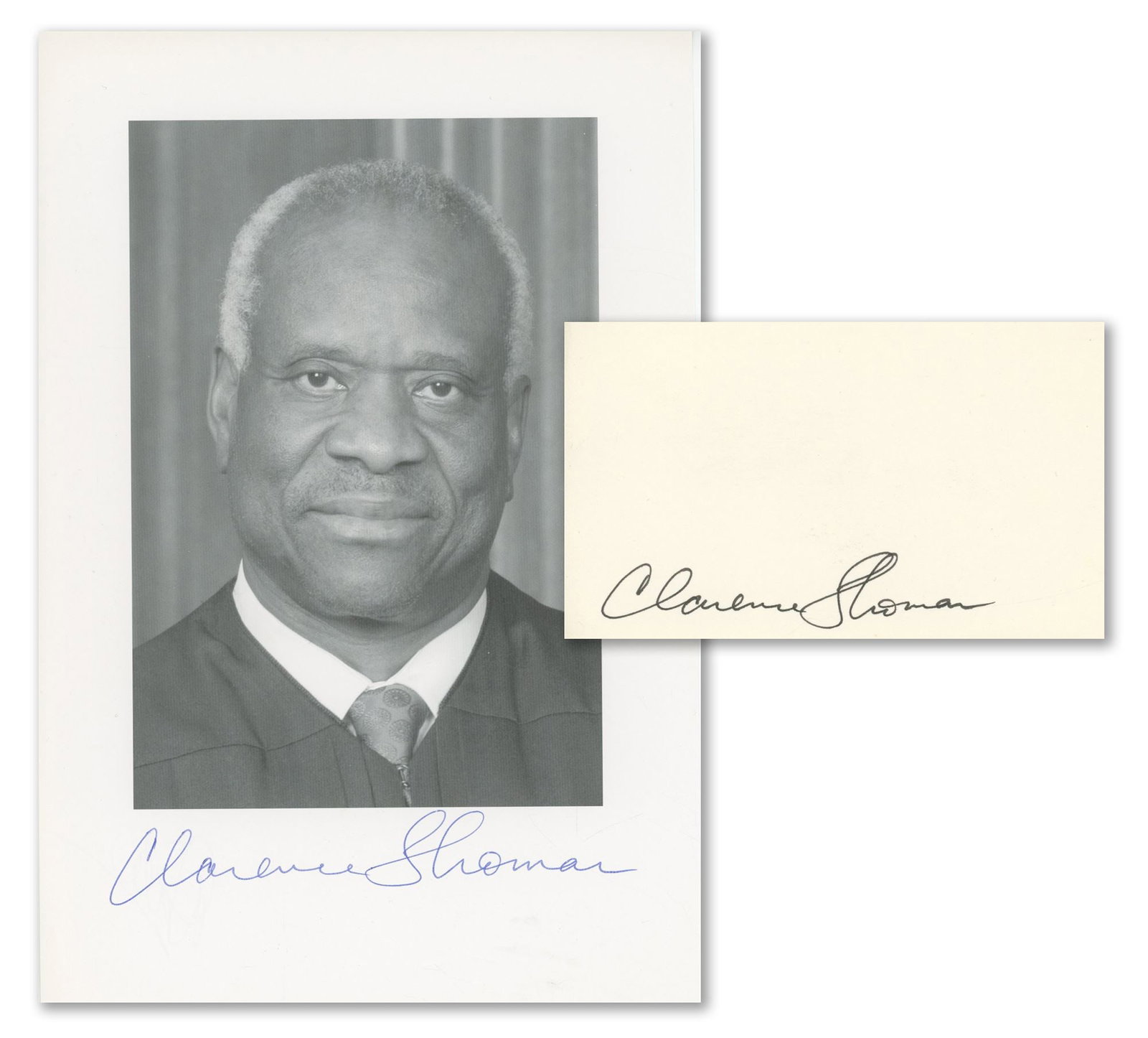 Clarence Thomas – U.S. Supreme Court Justice – 6 x 9” Photograph & 5 x 3” Ca: Details: Clarence Thomas black-and-white 6 x 9” portrait photograph showing him in judicial robes, autographed in blue ink beneath the image. Accompanied by a separate 5 x 3” card also aut