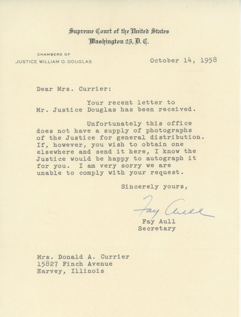 William O. Douglas – U.S. Supreme Court Justice – Autographed Supreme Court Card & Lette - 2