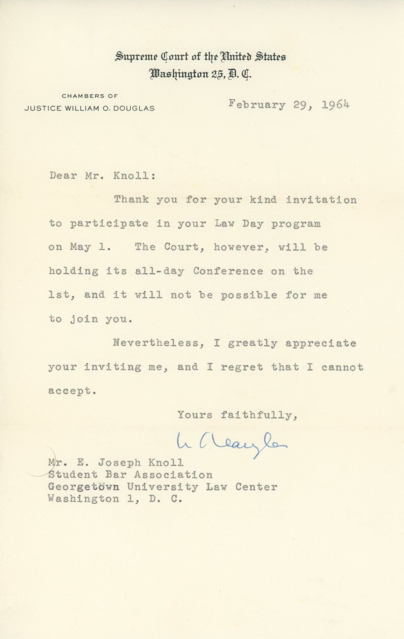 William O. Douglas – Associate Justice of the U.S. Supreme Court – Autographed Typed Let: Details: William O. Douglas autographed typed letter (TLS), one page on “Supreme Court of the United States” letterhead, Washington, D.C., dated February 29, 1964. Addressed to Mr. E.