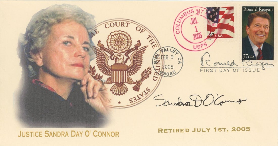 Sandra Day O’Connor – U.S. Supreme Court Justice – First Day of Issue Cover: Details: Sandra Day O’Connor commemorative First Day of Issue cover postmarked July 1, 2005, marking her retirement from the United States Supreme Court. The cover features her portrait