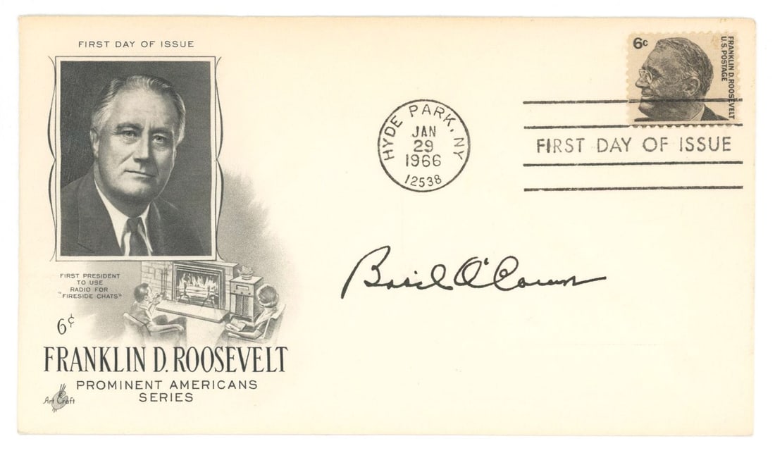 Basil O’Connor – Franklin D. Roosevelt 6¢ FDC Autographed First Day Cover – J: Details: Basil O’Connor autographed Franklin D. Roosevelt First Day Cover. The cover honors Franklin D. Roosevelt as part of the Prominent Americans postage series, postmarked Hyde Park, New