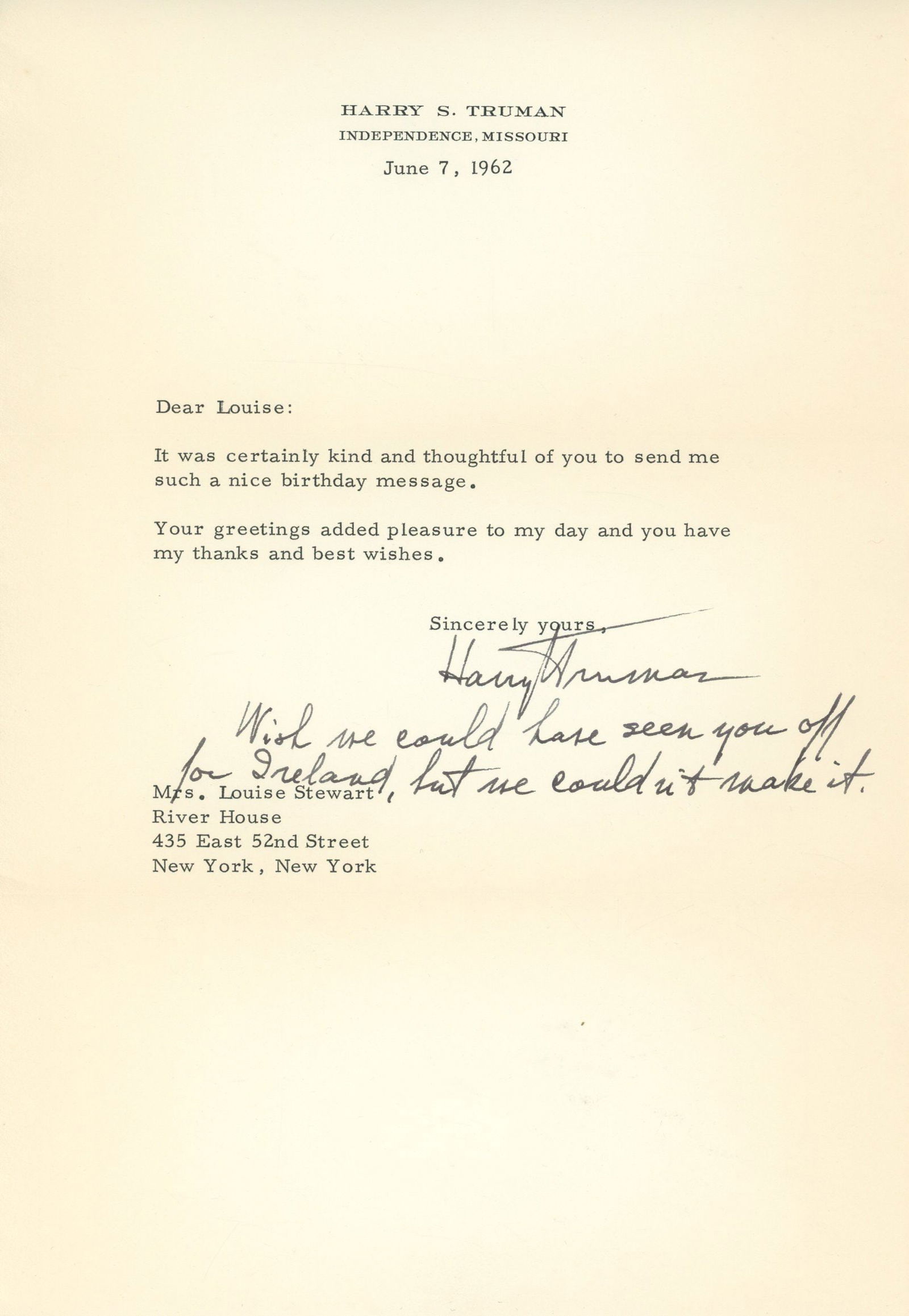 Harry S. Truman – 33rd President of the United States – Autographed Letter w/ 2 Lines of (1 of 2)