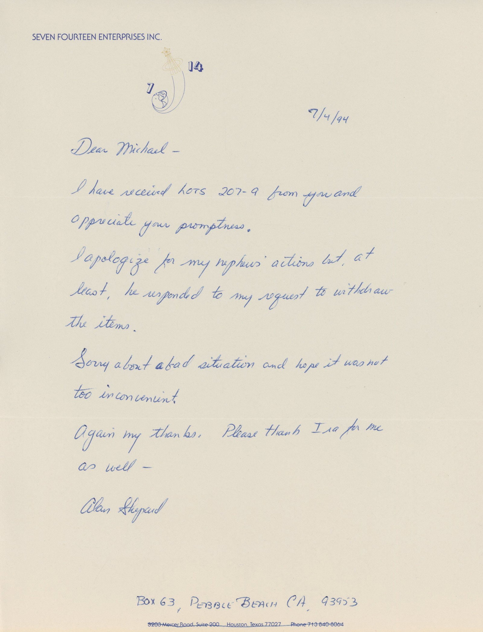 Alan Shepard – Mercury Astronaut – Autographed Handwritten Letter – Re. Space Memo: Details: Alan Shepard autographed handwritten letter (ALS) on Seven Fourteen Enterprises Inc. letterhead, dated July 4, 1994, addressed to Michael Orenstein of Superior Galleries. The letter reads in