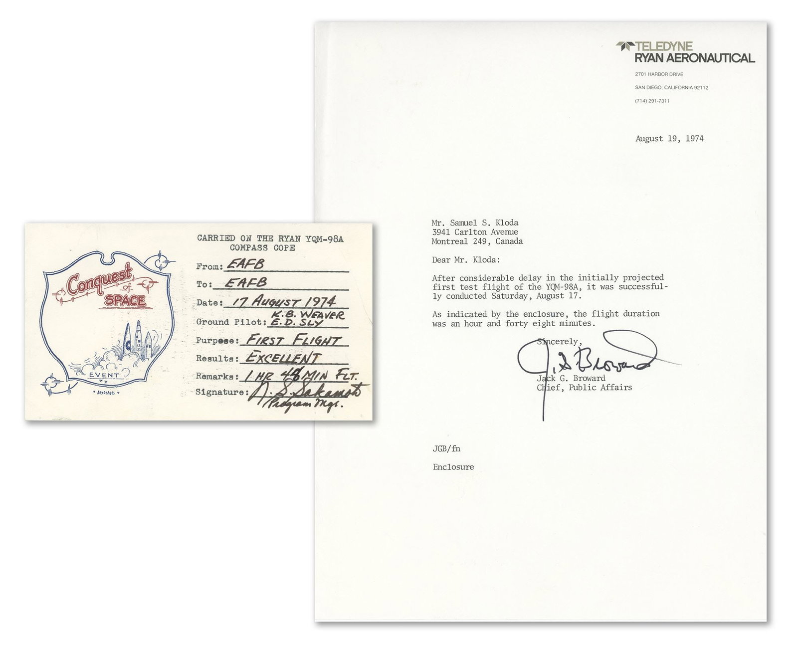 Ryan YQM-98A “Compass Cope” – Flight Flown Cover & Signed Letter – First Fli (1 of 3)