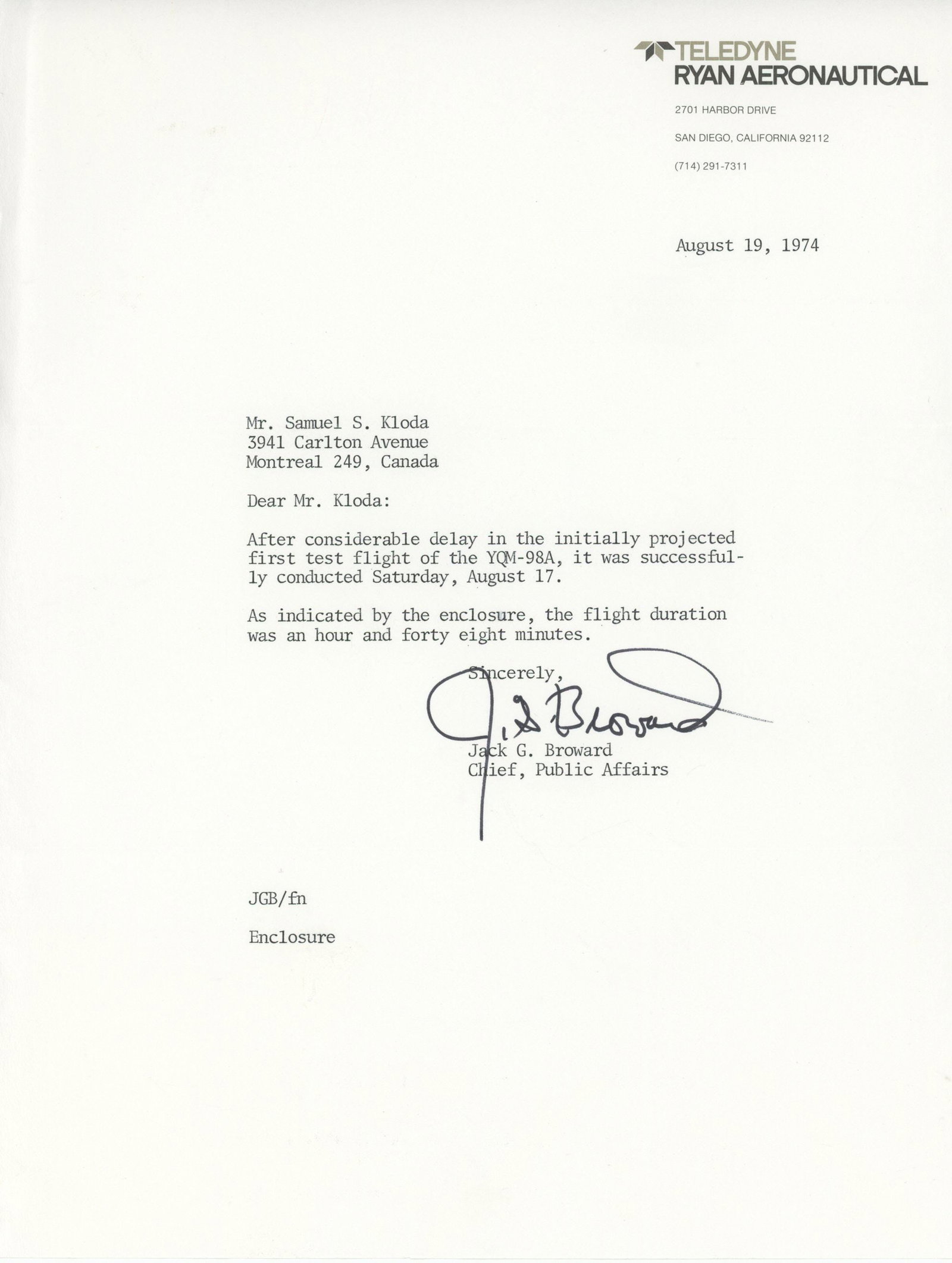 Ryan YQM-98A “Compass Cope” – Flight Flown Cover & Signed Letter – First Fli - 3