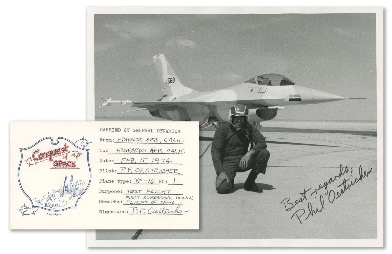 Phil Oestricher – YF-16 Test Pilot – Autographed Flown Cover & Photo Set (1 of 3)