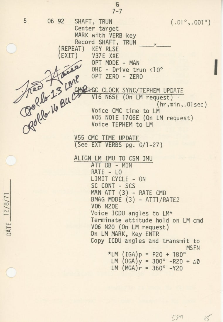 Fred Haise - NASA Astronaut - Apollo 16 Launch CSM G&C Autographed Checklist Page (1 of 3)