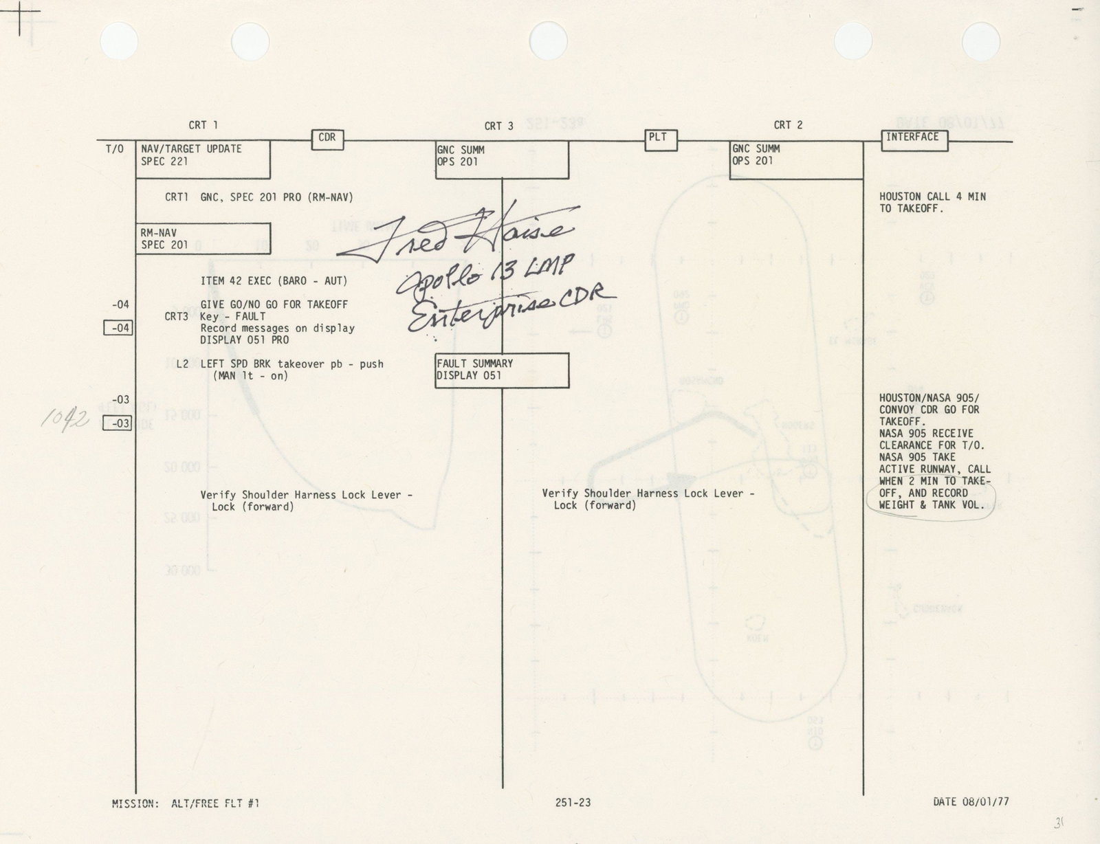 Fred Haise - NASA Astronaut - Space Shuttle Enterprise Free Flight 1 Autographed Checklist Page (1 of 3)
