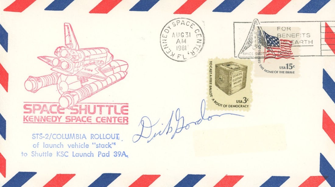 Richard F. Gordon – Gemini 11 & Apollo 12 Astronaut – Autographed STS-2 Rollout Cover &#: Details: Richard F. Gordon autographed commemorative cover honoring the STS-2/Columbia rollout at Kennedy Space Center, dated August 31, 1981. The printed cachet features a detailed shuttle stack grap