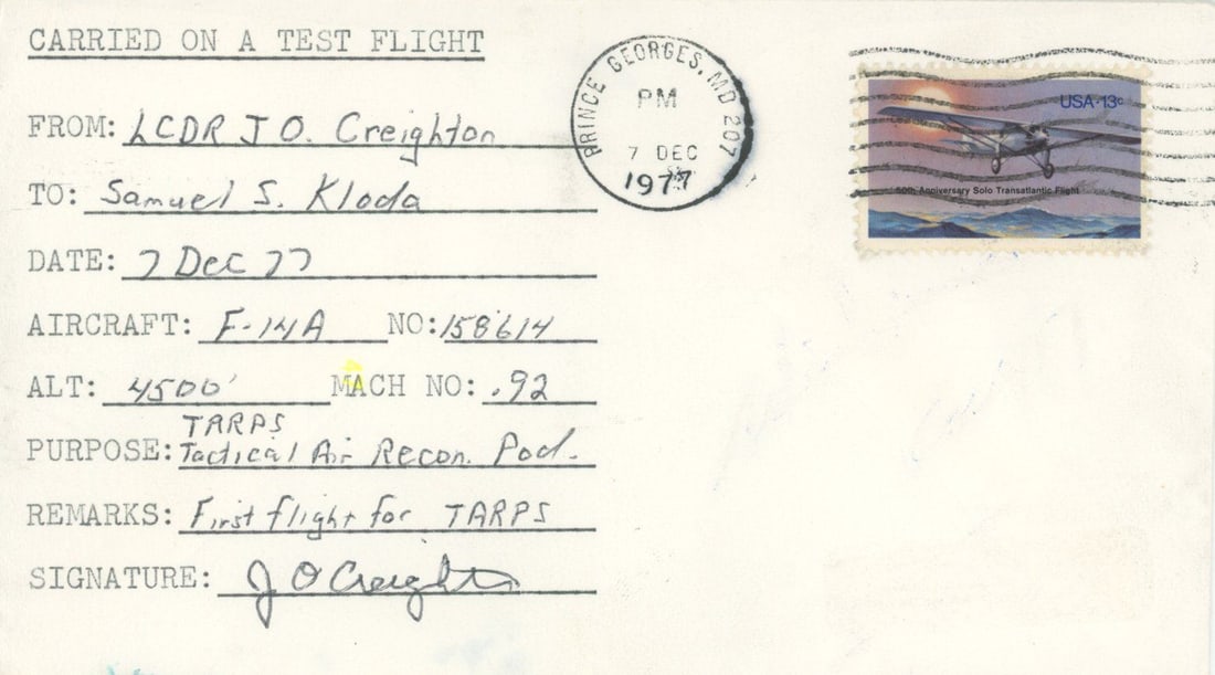 John Creighton – Flight-Flown & Autographed F-14A Test Cover – TARPS Pod Evaluation R (1 of 1)