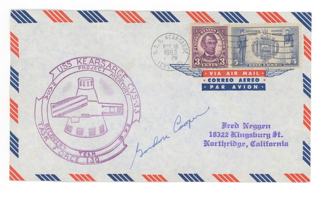 Gordon Cooper – Mercury Astronaut – Autographed USS Kearsarge Recovery Cover – MA-: Details: Gordon Cooper autographed commemorative airmail cover honoring the USS Kearsarge CVS-33 recovery of the Mercury-Atlas 9 mission, postmarked May 16, 1963. Signed in blue ink across the front,