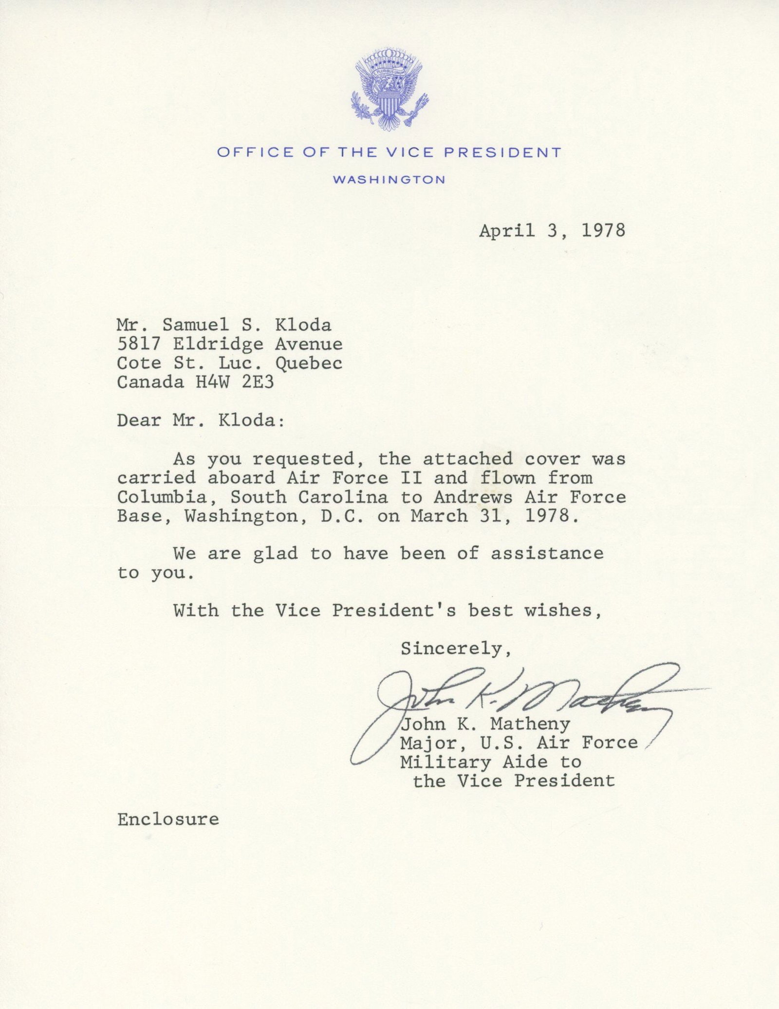 Air Force Two – Vice President Walter Mondale Trip – Flown Cover Signed by Bookman & Mat - 3