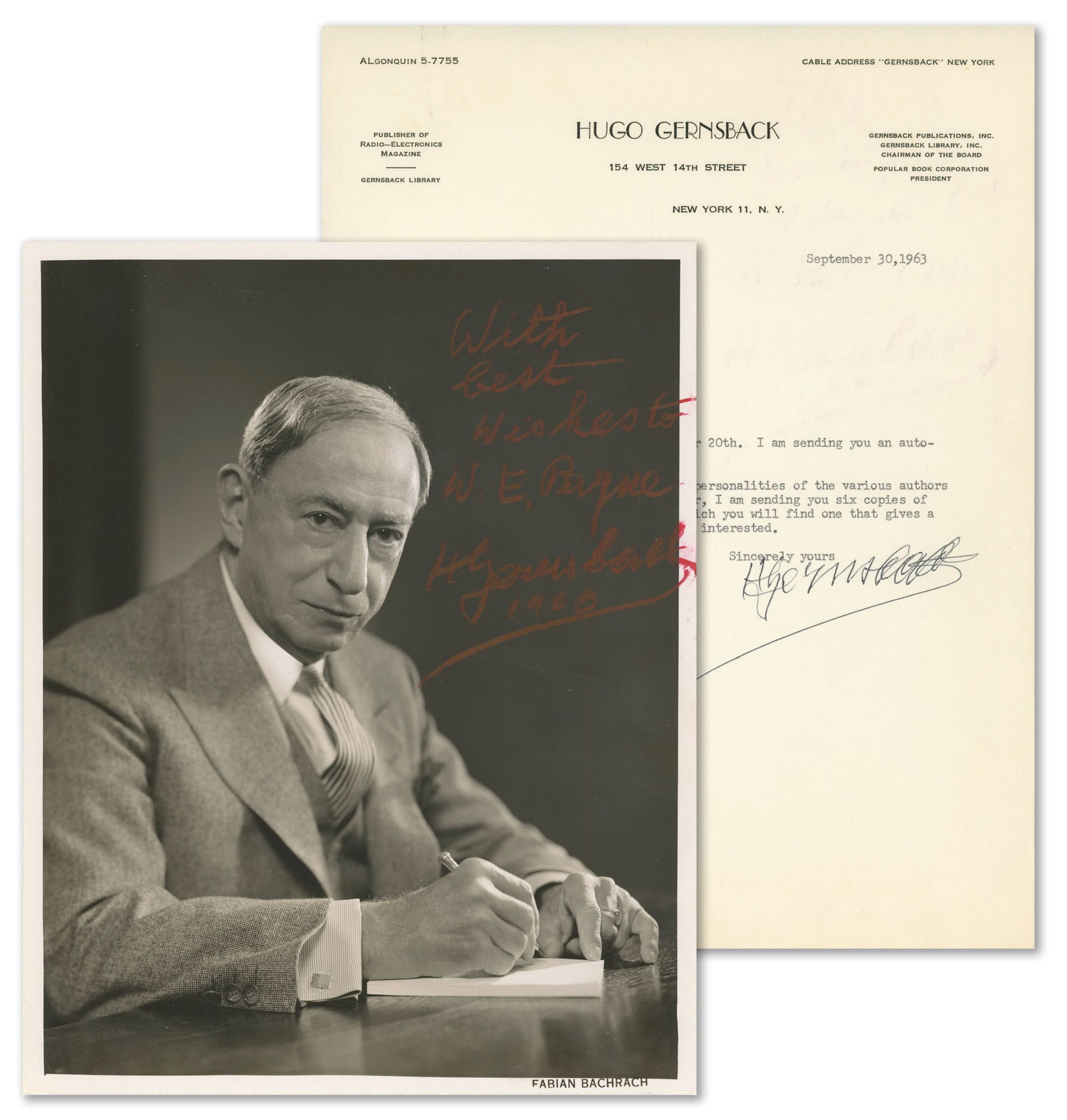 Hugo Gernsback – "Founder of Modern Science Fiction" – Autographed Photo & TLS – 1: Details: Hugo Gernsback autographed 8 x 10” glossy photograph depicting the pioneering science fiction publisher seated at a desk, signed boldly in thick red wax pencil with an inscription