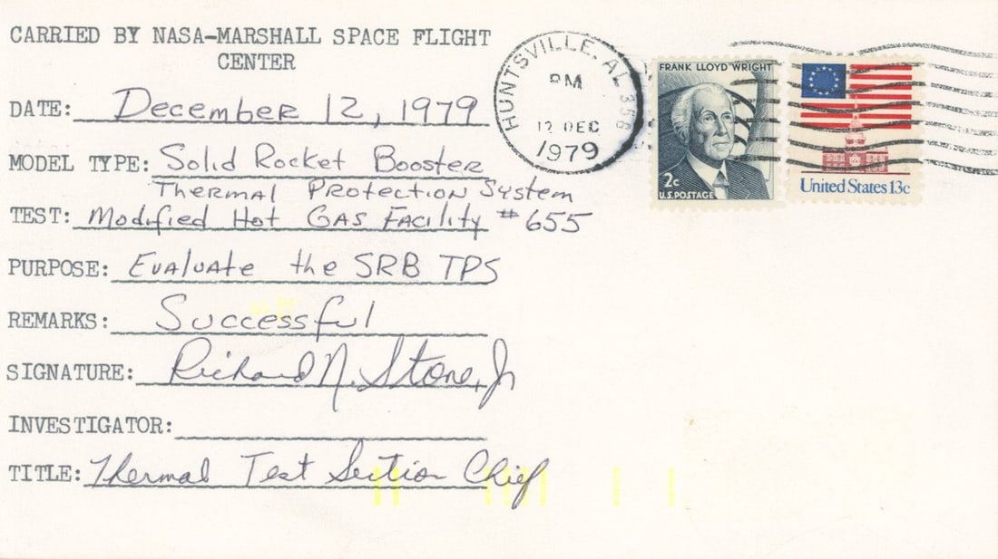 Richard N. Stone Jr. – NASA Thermal Test Section Chief – Autographed Carried Cover ̵: Details: Richard N. Stone Jr. autographed commemorative cover carried by the NASA-Marshall Space Flight Center and postmarked December 12, 1979, in Huntsville, Alabama. This cover documents a test