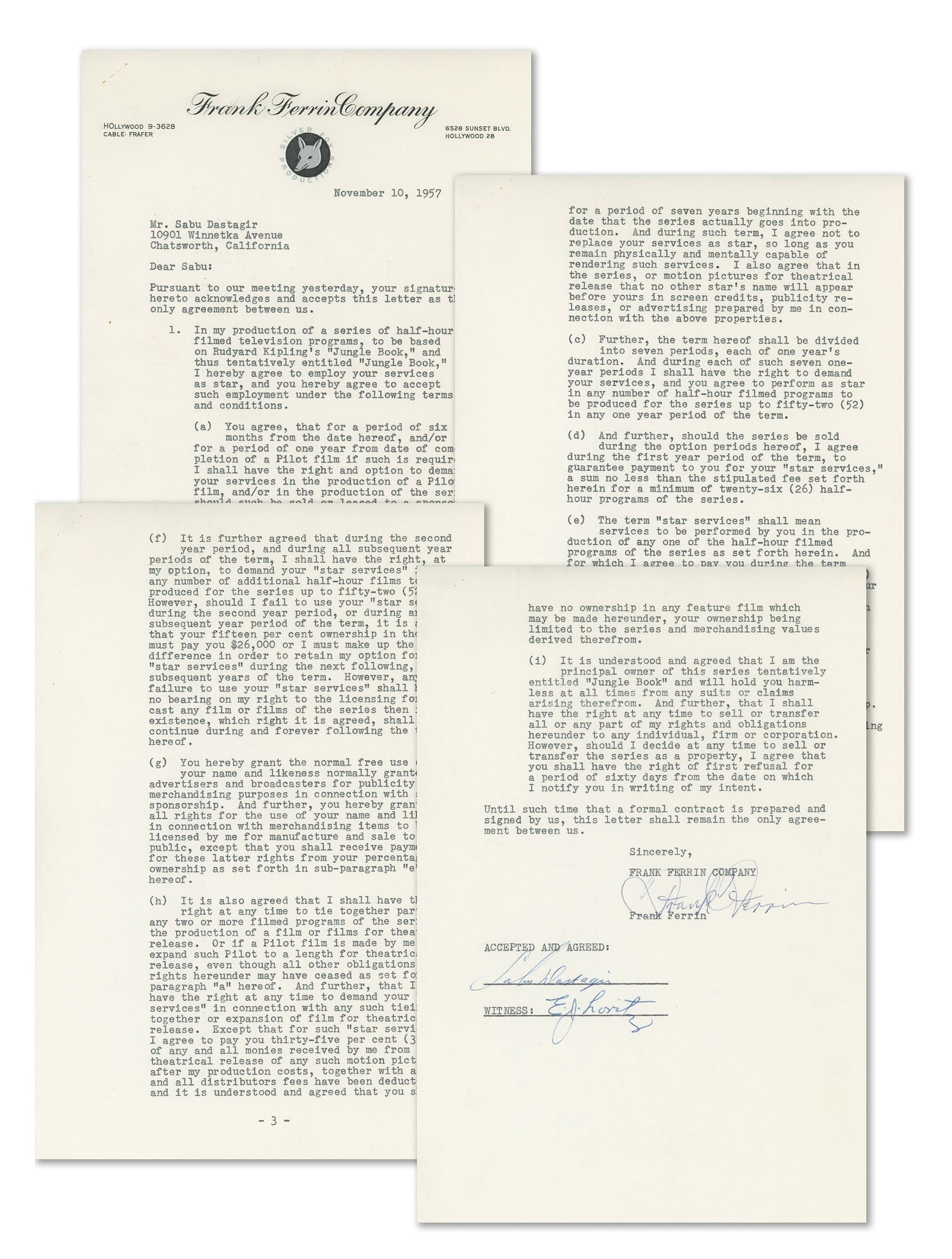 Sabu – Jungle Book Star – Autographed 4-Page Contract – Frank Ferrin Co. 1957 (1 of 5)