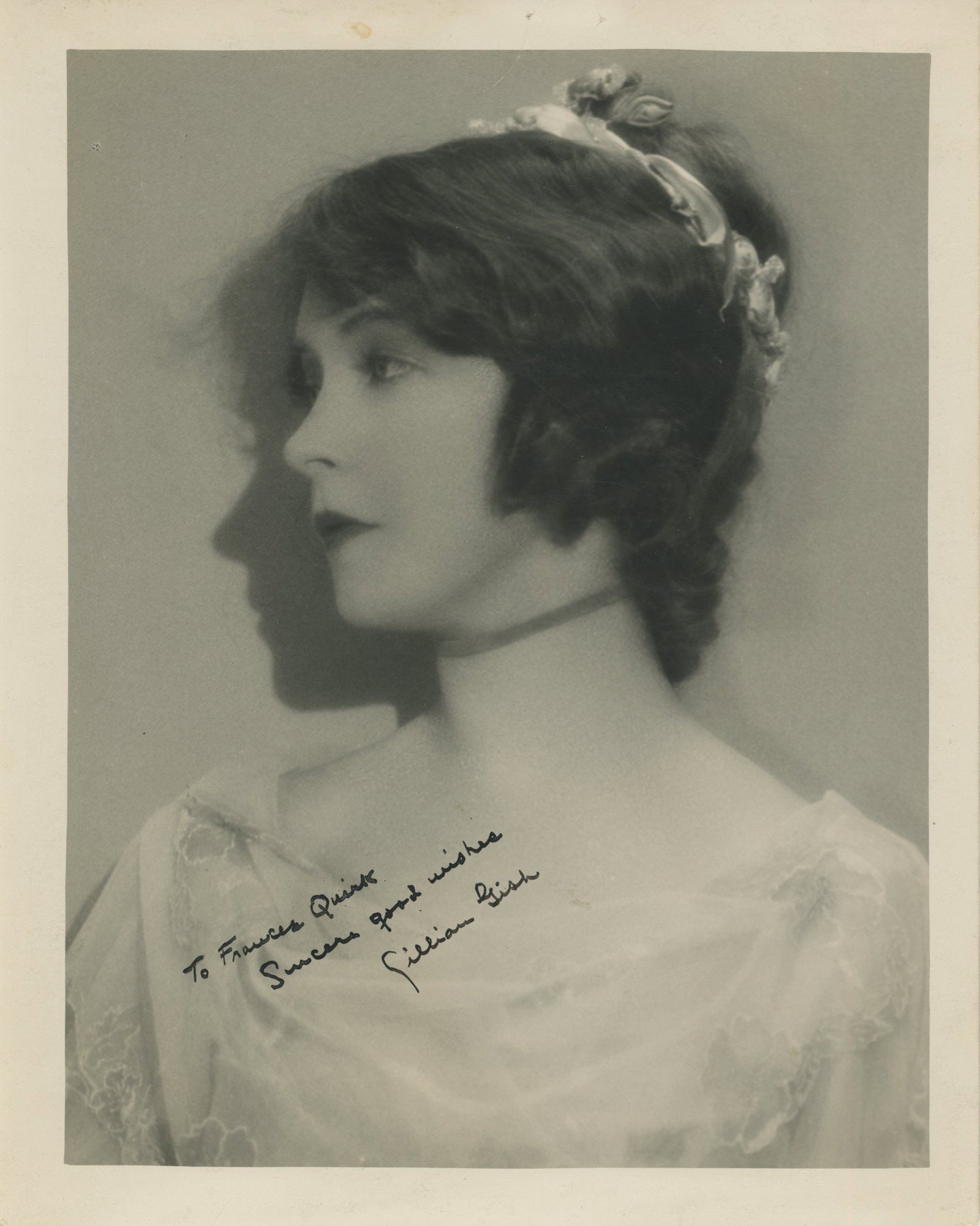 Lillian Gish – Silent Film Icon – Autographed 8 x 10 Photo – Ruth Harriet Louise P: Details: Lillian Gish autographed 8 x 10” double weight photograph depicting a classic side-profile studio portrait by renowned MGM photographer Ruth Harriet Louise. Inscribed “To Frances