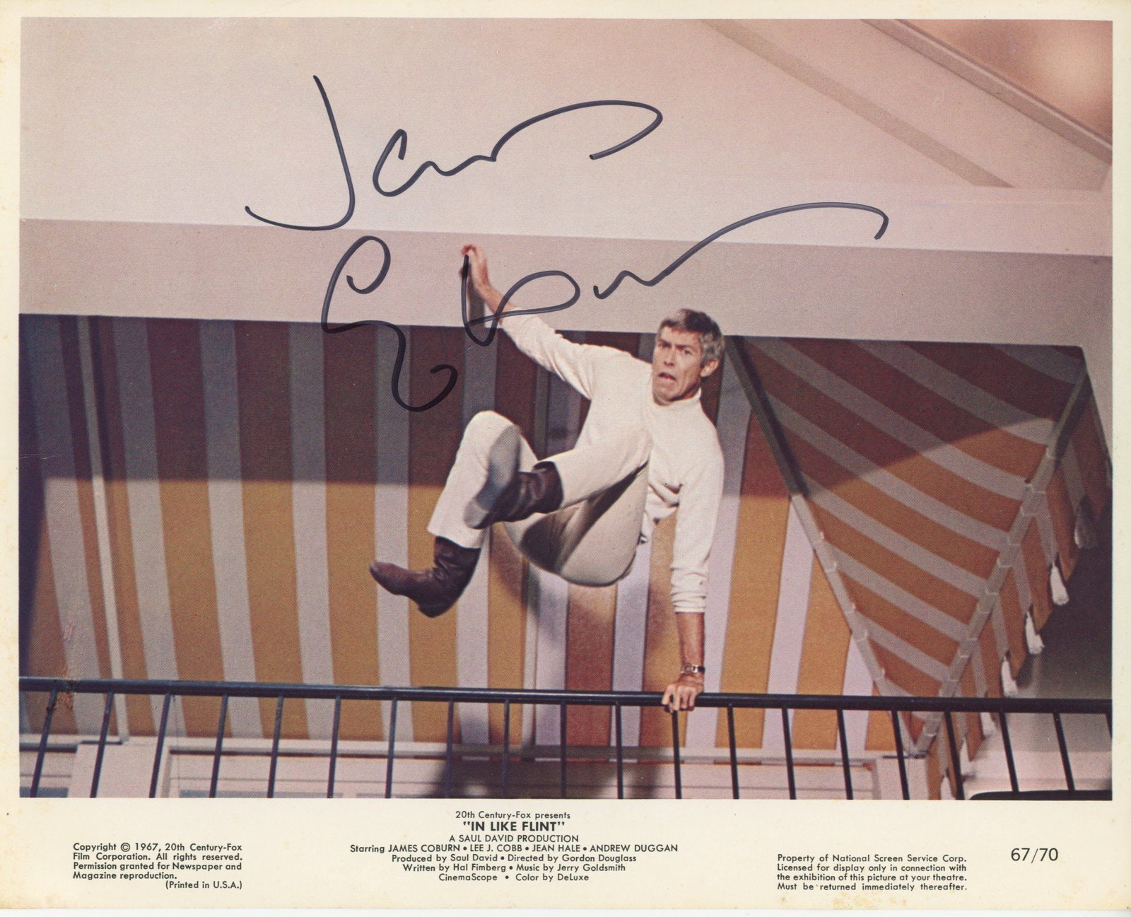 James Coburn – “In Like Flint” – Autographed 10 x 8 Lobby Card – Film : Details: James Coburn autographed 10 x 8” cardstock lobby card from In Like Flint, depicting a scene from the film. Signed in black ink. Near fine condition. James Coburn (1928–2002) was