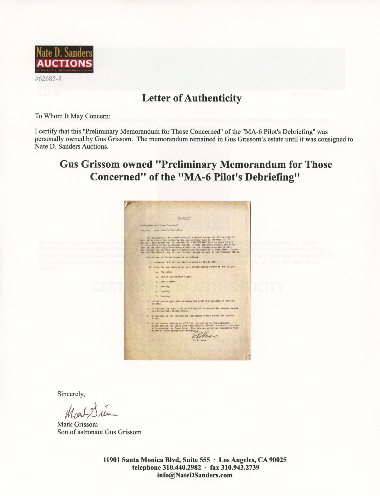 Gus Grissom – Mercury-Atlas 6 Pilot Debriefing Memorandum – Estate-Owned NASA Document - 3