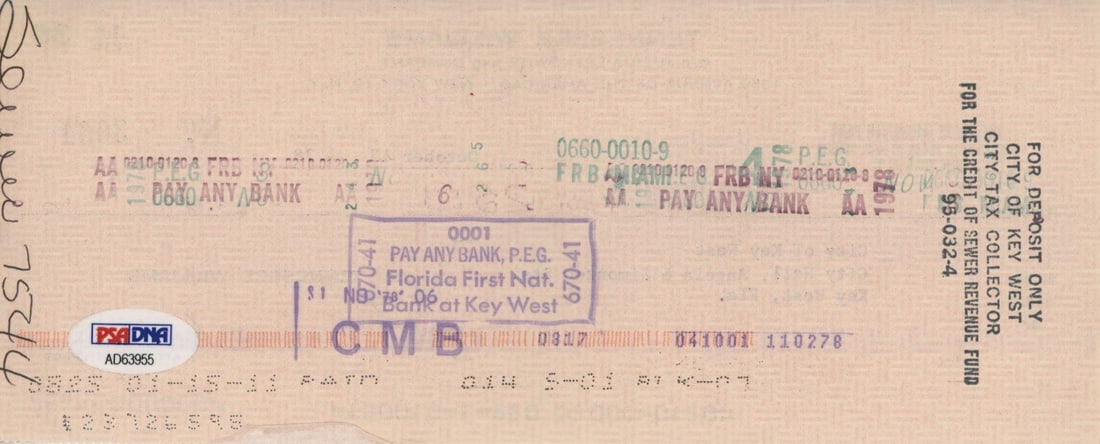 Tennessee Williams – Pulitzer Prize Playwright – Autographed Check – Key West Tax  - 2