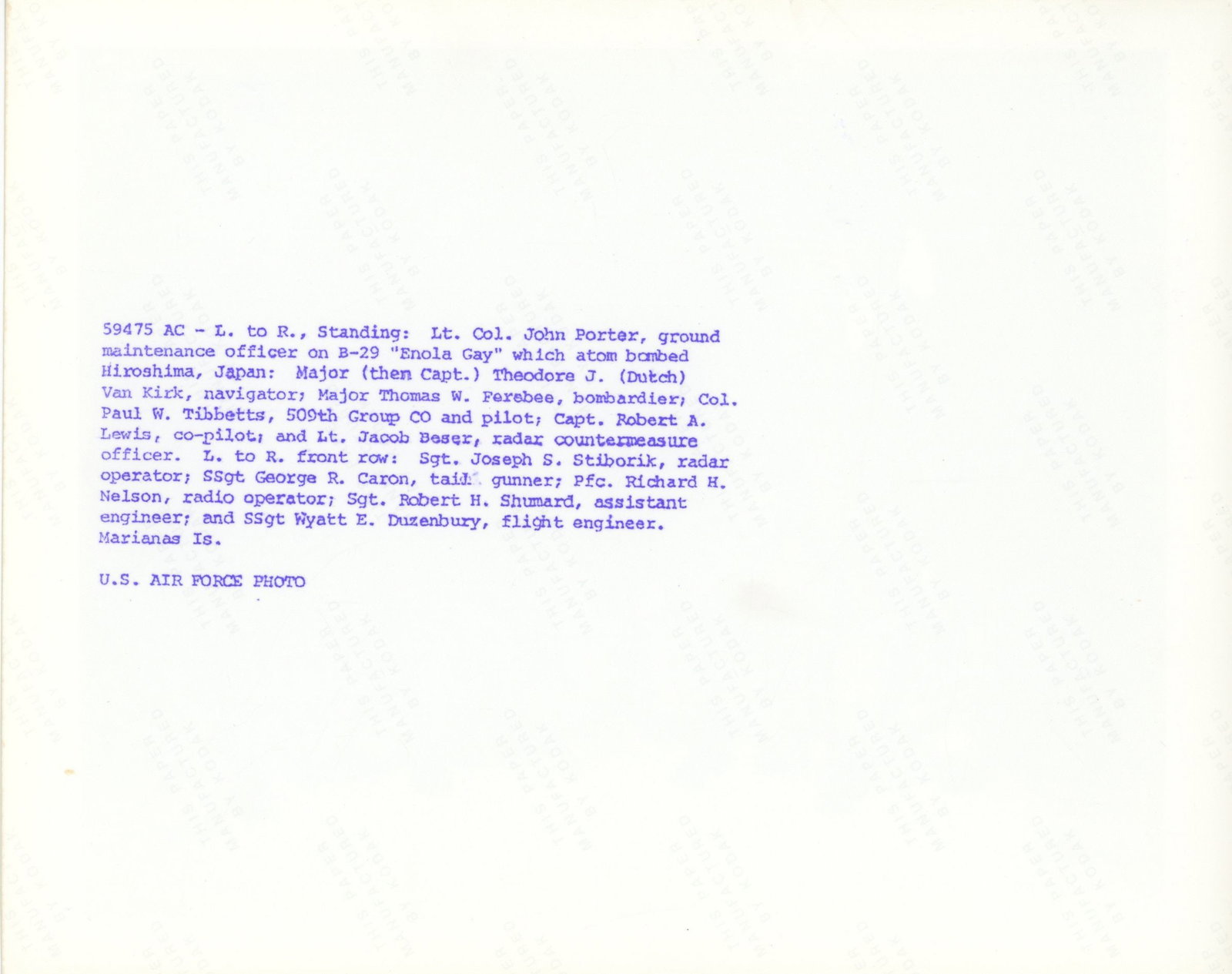 Theodore “Dutch” Van Kirk – Enola Gay Navigator – Autographed 10 x 8" Crew P - 2