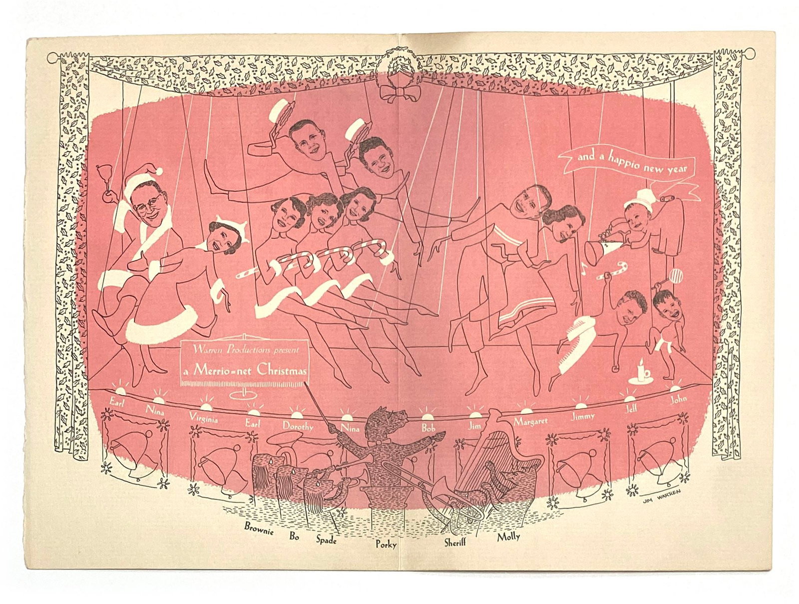Earl Warren - Warren Commission Chairman - Family Christmas Card - c. 1940s: Details: Earl Warren Family Christmas Card, an original illustrated holiday greeting card measuring approximately 10.75 x 7.5 inches when opened, produced by the Warren family during the mid-to-late