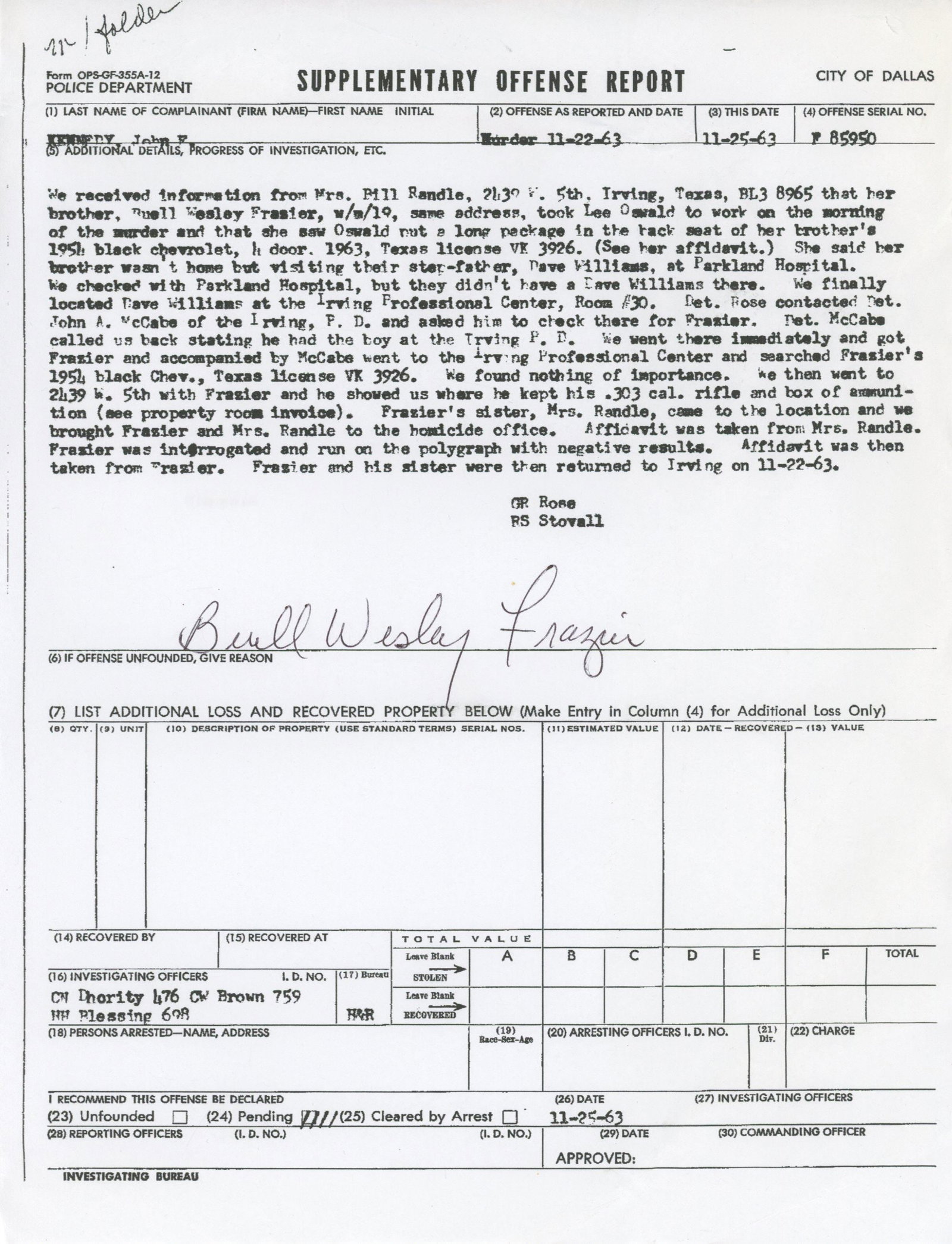 Buell Wesley Frazier – JFK Assassination Witness – Autographed Teletype & Dallas Police  - 2