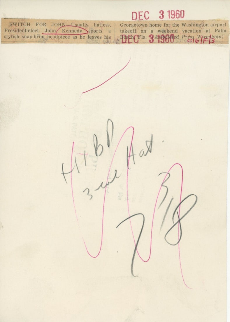 John F. Kennedy - President-Elect in Fedora - Original 5.5 x 7.75” Press Photograph - 2