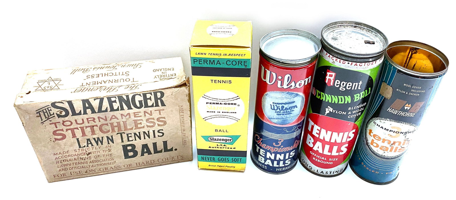 Vintage Tennis Ball Packaging Collection - Four Advertising Cans with Slazenger Box - 2