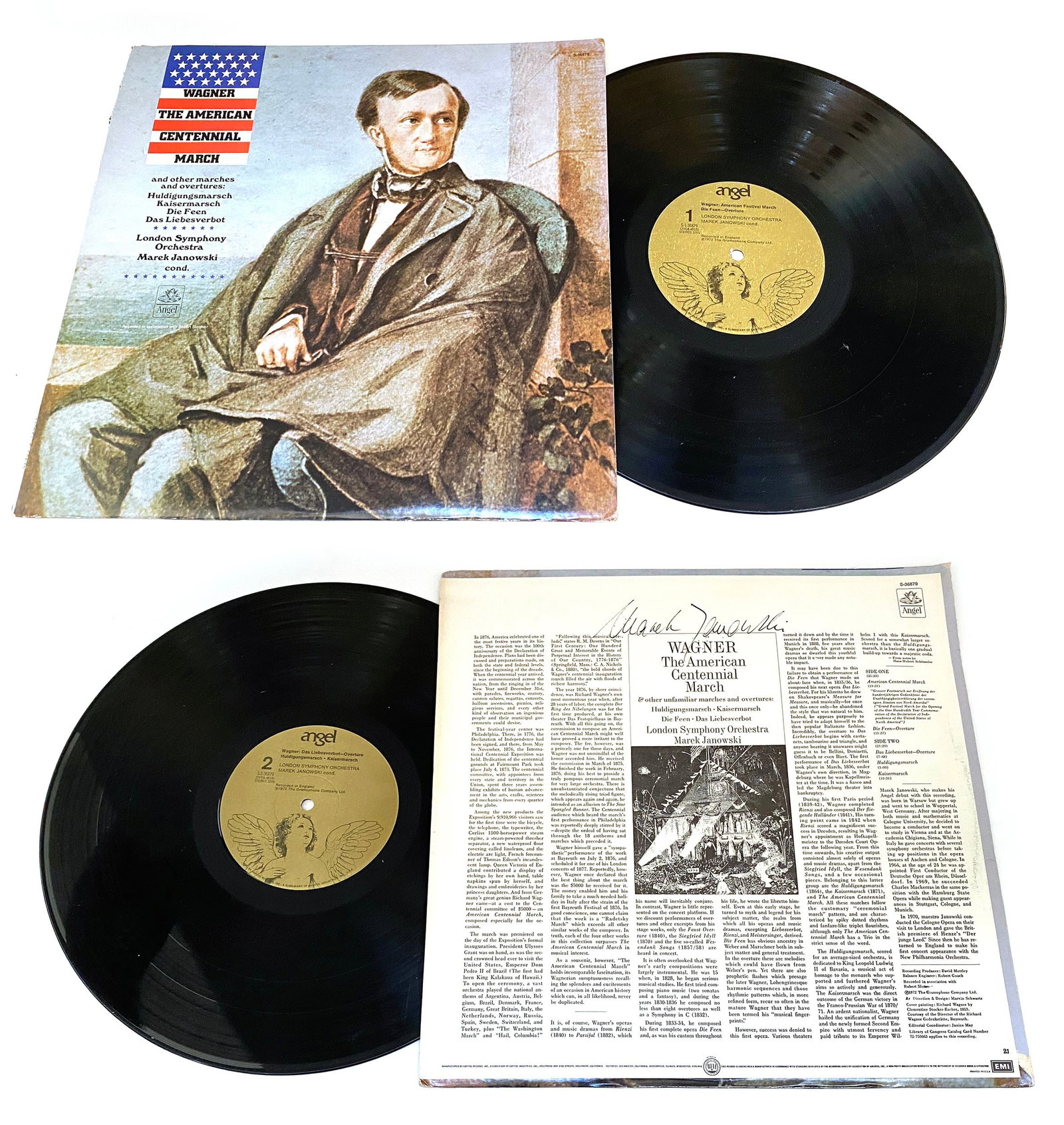 Marek Janowski Autographed Wagnor "The American Centennial March" LP Record: Details: Marek Janowski autographed The American Centennial March, a classical LP featuring the London Symphony Orchestra performing Richard Wagner’s The American Centennial March alongside a