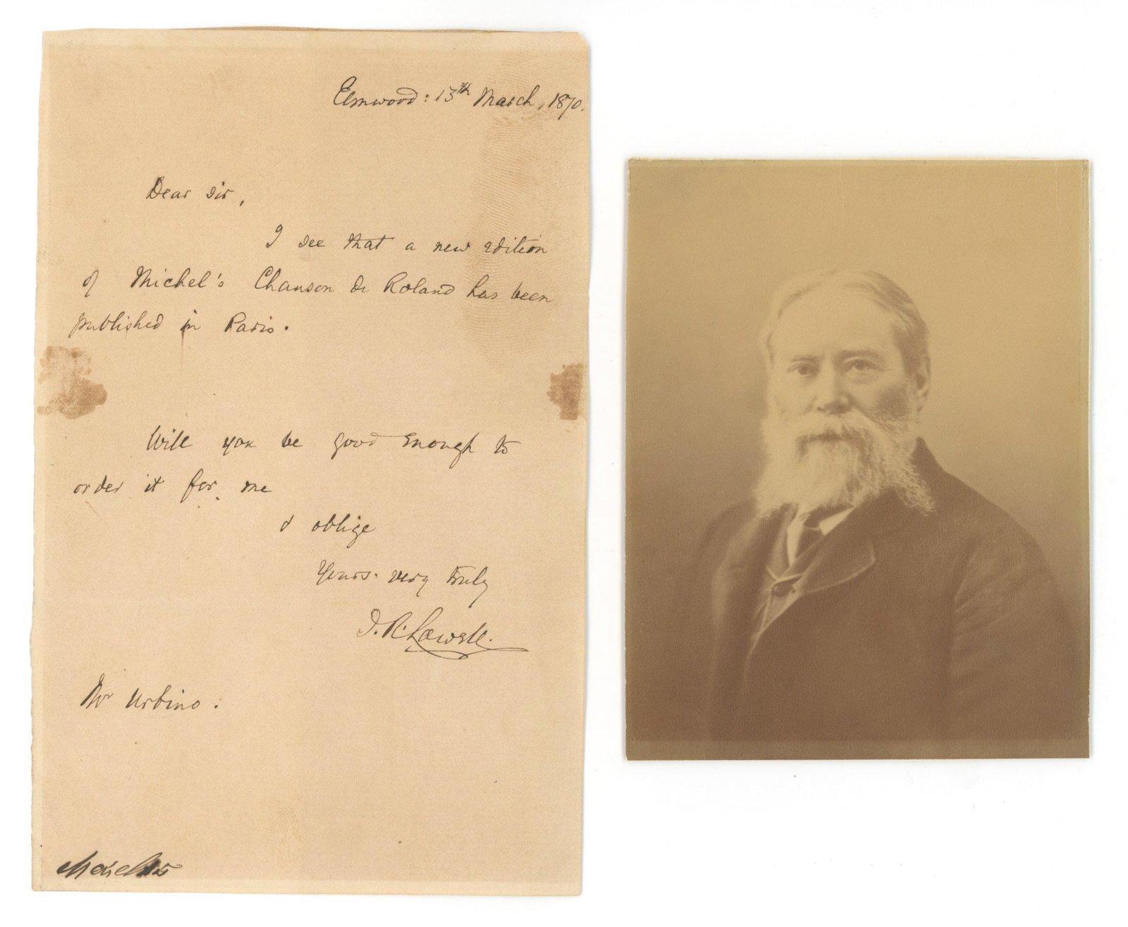 James Russell Lowell - Iconic Poet & Critic - Autographed Handwritten Letter (ALS) & Photograph: Details: James Russell Lowell autographed handwritten letter (ALS) dated March 13, 1870. Accompanied by a mounted albumen photograph, approximately 3.75 x 4.75". The letter has mild age wear. James
