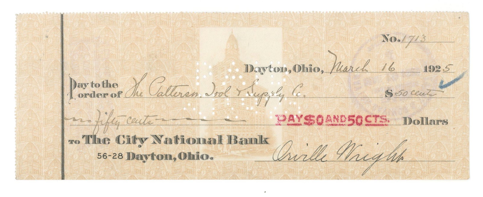 Orville Wright - Wright Brothers Historic Aviator - Autographed Check from March 16, 1925: Details: Orville Wright autographed bank check. The check is dated March 16, 1925 and made payable to "The Patterson Tool + Supply Co." for "50 cents." Check is in excellent condition with a pri