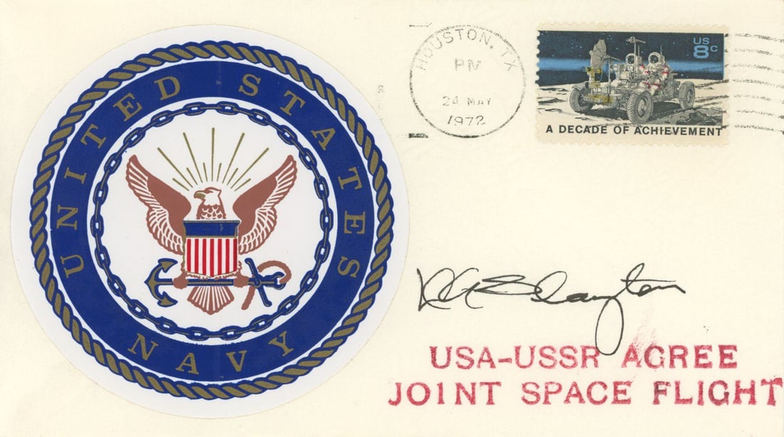 Deke Slayton - Mercury Seven Astronaut - Autographed USA-USSR Joint Space Flight Cover: Details: Deke Slayton autographed commemorative postal cover honoring the proposed USA-USSR Joint Space Flight, postmarked Houston, Texas, May 24, 1972. The cover features a United States Navy seal