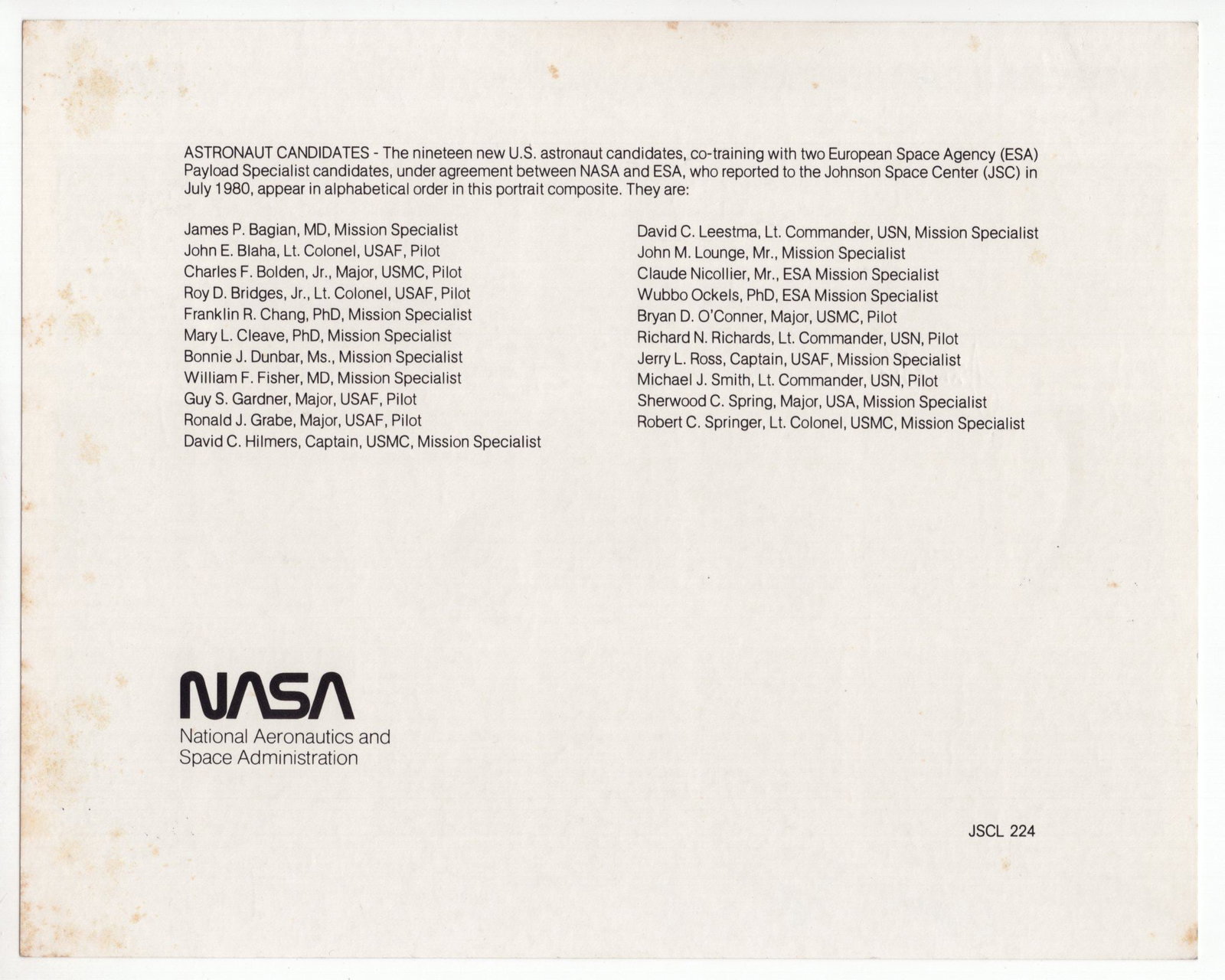 NASA Astronaut Group Nine Candidates of 1980 - Autographed 8 x 10" Photograph Signed by all 21 - 2