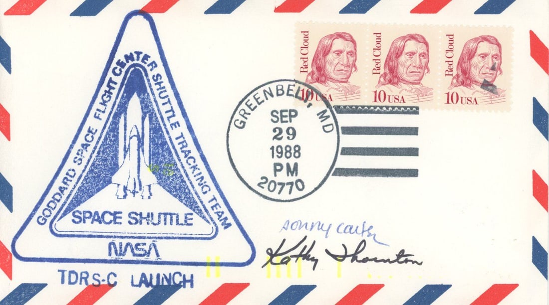 Kathryn C. Thornton & Sonny Carter - Space Shuttle Astronauts - Dual-Signed TDRS-C Launch Cover (1 of 1)