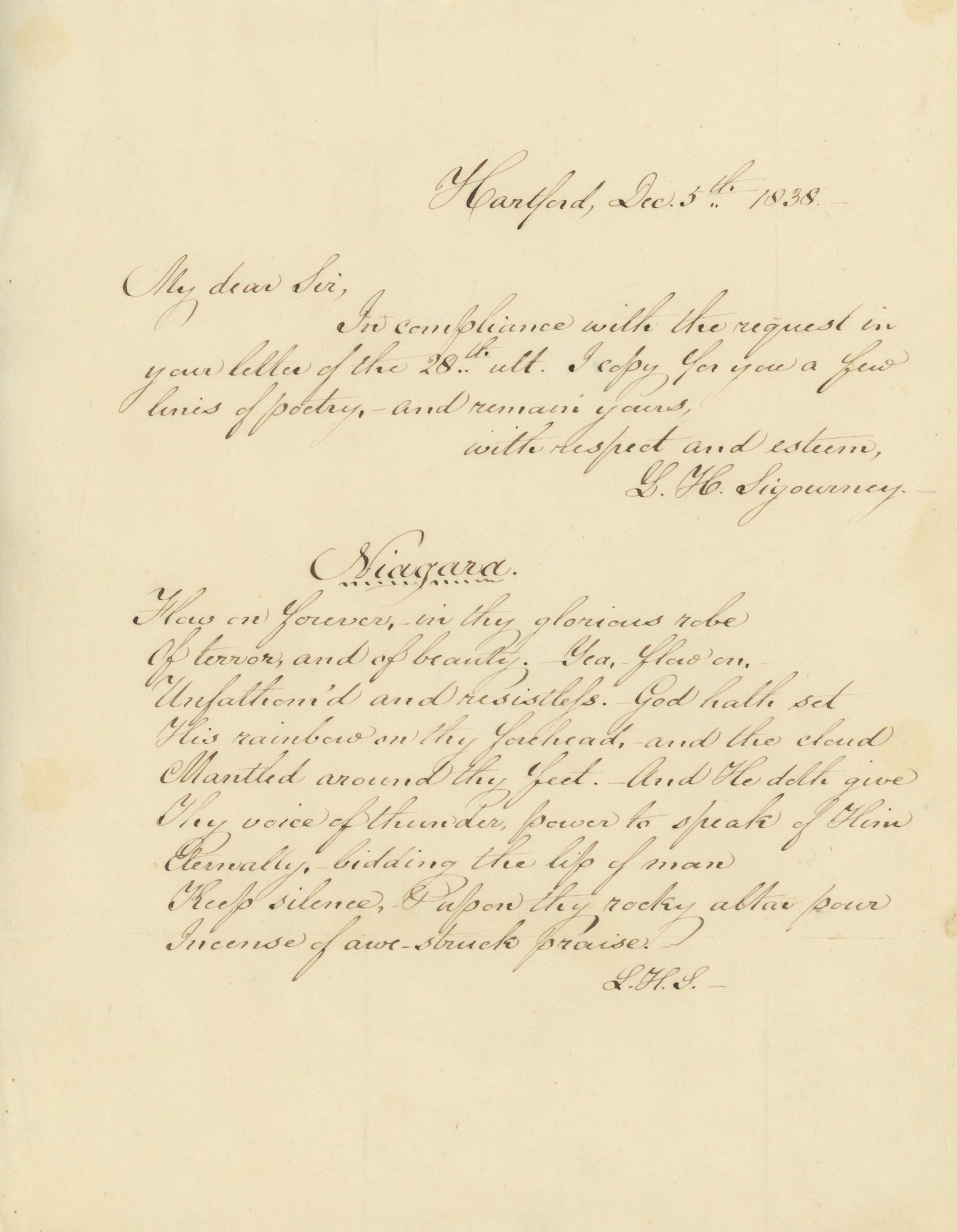 Lydia Sigourney - Iconic American Poet - Autographed Letter with "Niagara" Hand-Written Quotation: Details: Lydia Sigourney autographed letter (ALS) sending some lines of poetry, as requested by an admirer, and, below, penning an initialed AQS, the opening of her “Niagara.” AQS in